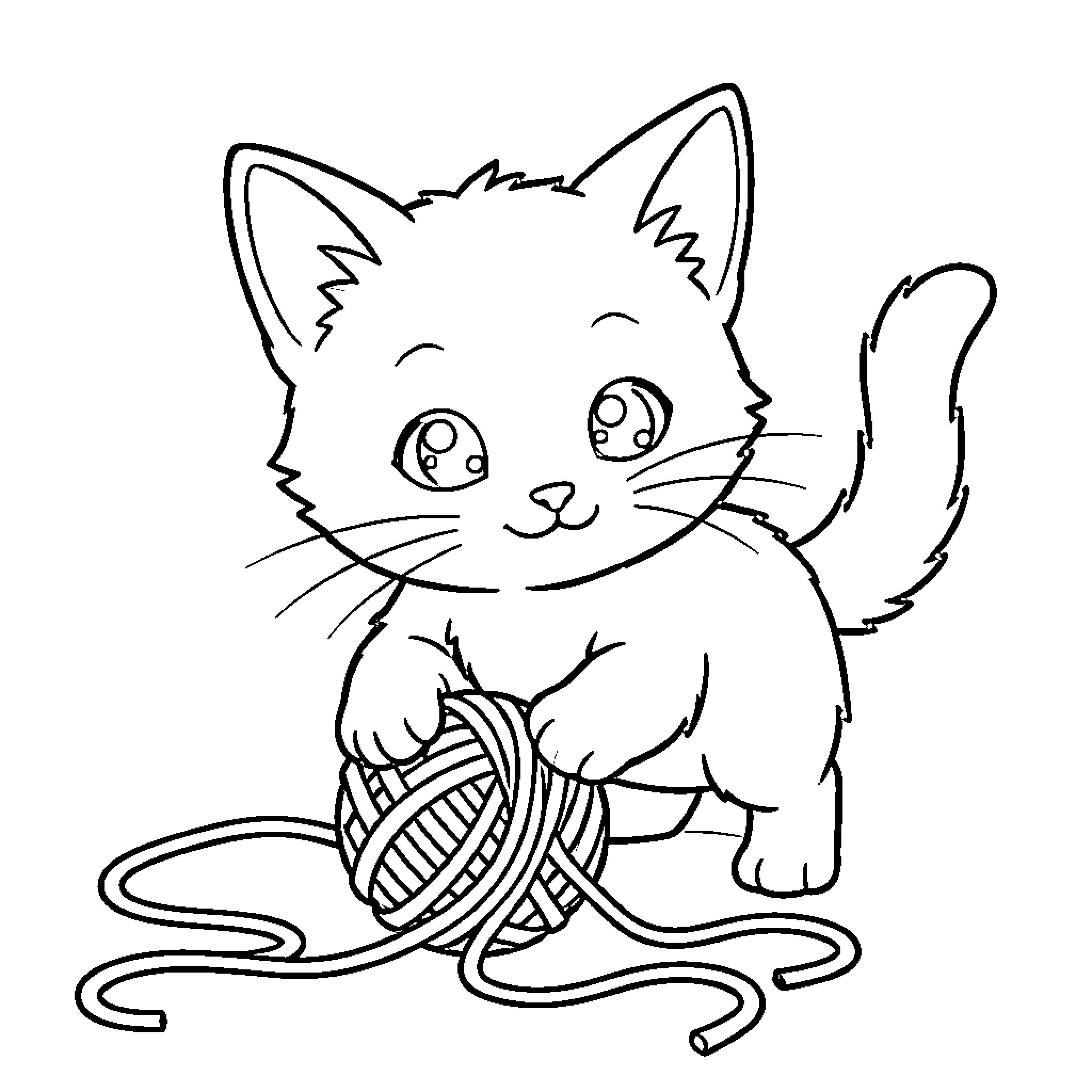 Kitten playfully entangled in yarn Coloring Page (free black-and-white line drawing printable PDF for all, from beginners to advanced learners, including children, teens, adults, and seniors)