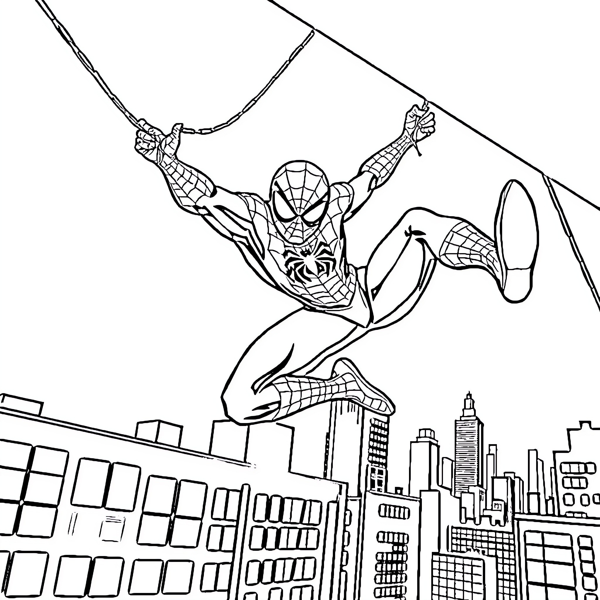 Spider-Man swinging through the city skyline Coloring Page (free black-and-white line drawing printable PDF for all, from beginners to advanced learners, including children, teens, adults, and seniors)