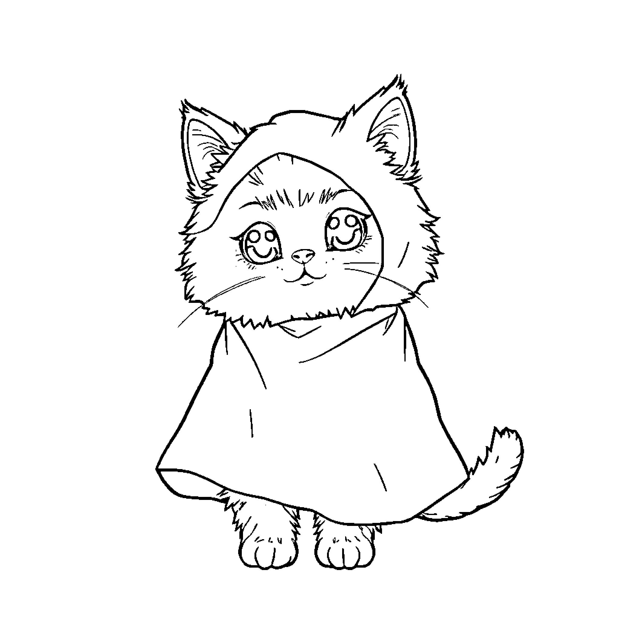 Cat in a cozy outfit Coloring Page (free black-and-white line drawing printable PDF for all, from beginners to advanced learners, including children, teens, adults, and seniors)