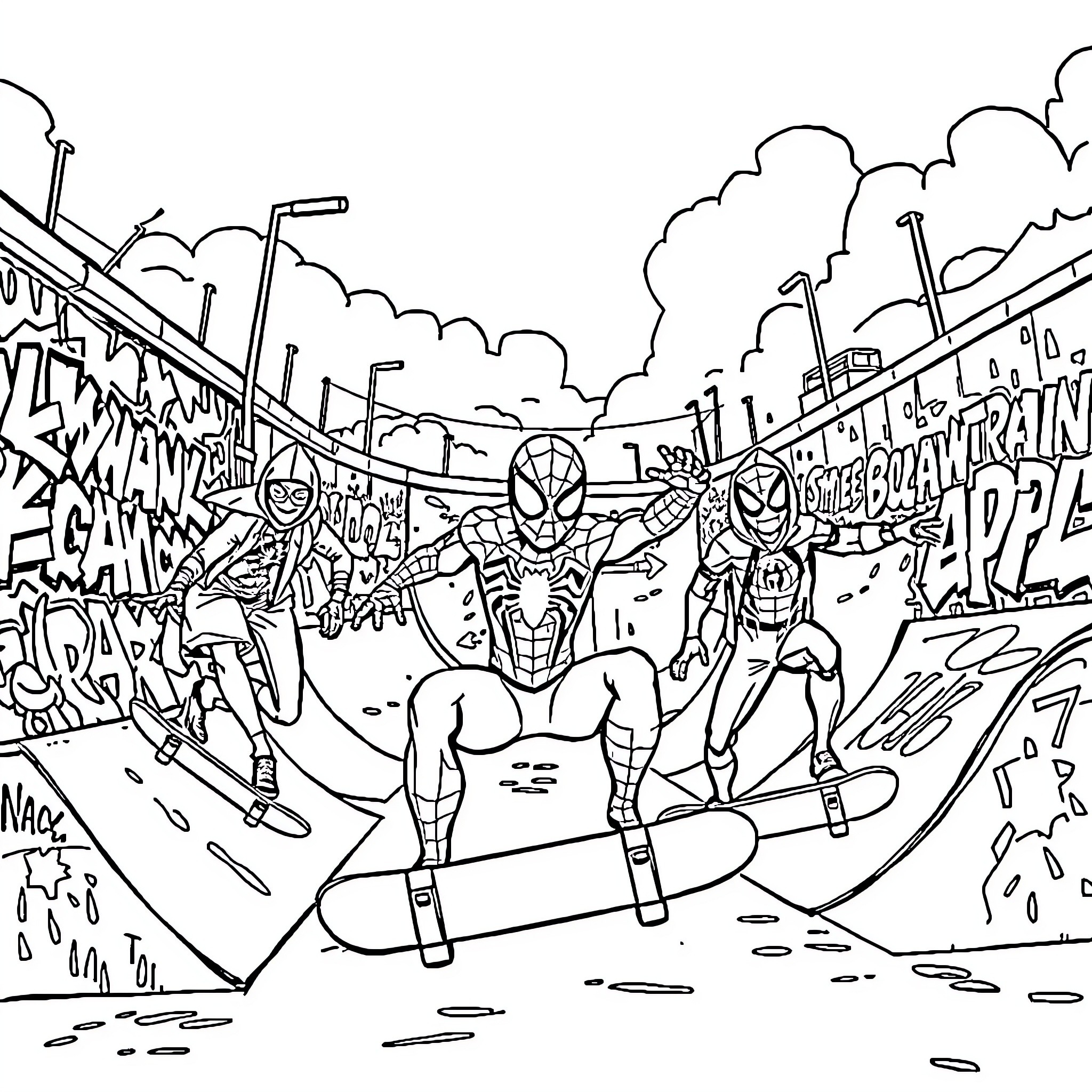 Spidey Skateboarding Through City Crowds Coloring Page (free black-and-white line drawing printable PDF for all, from beginners to advanced learners, including children, teens, adults, and seniors)
