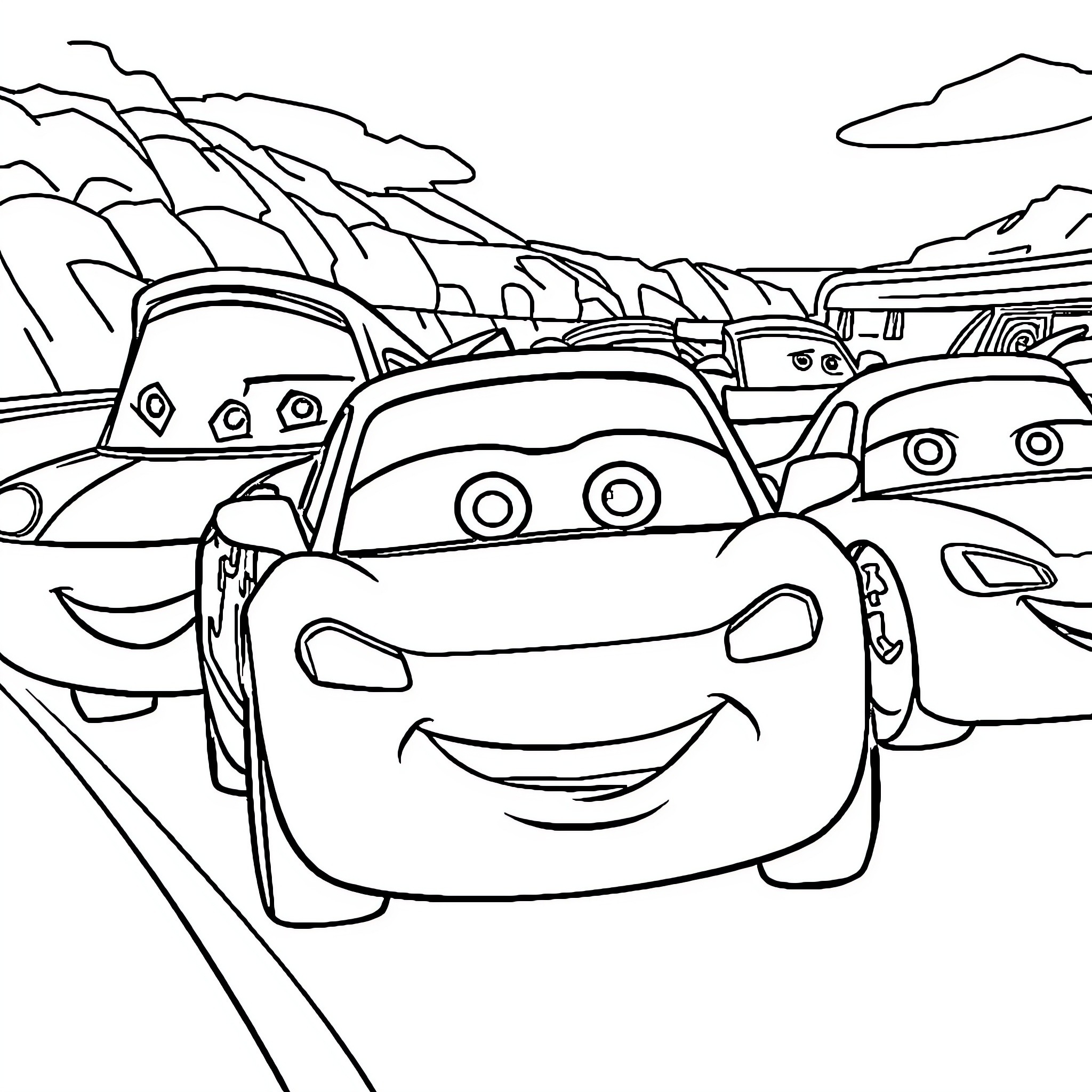 Car characters in animated racing scene Coloring Page (free black-and-white line drawing printable PDF for all, from beginners to advanced learners, including children, teens, adults, and seniors)