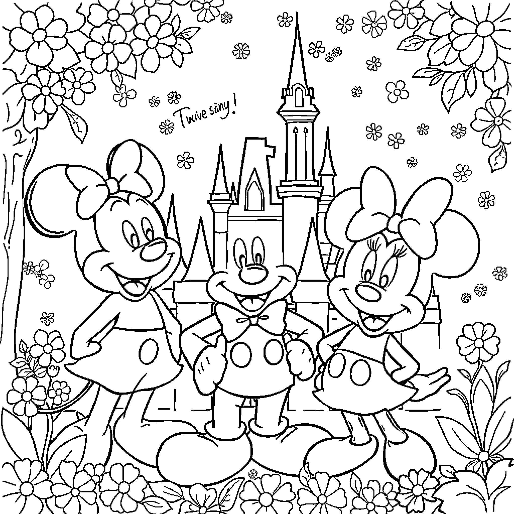Disney characters dancing joyfully in a flowery scene Coloring Page (free black-and-white line drawing printable PDF for all, from beginners to advanced learners, including children, teens, adults, and seniors)