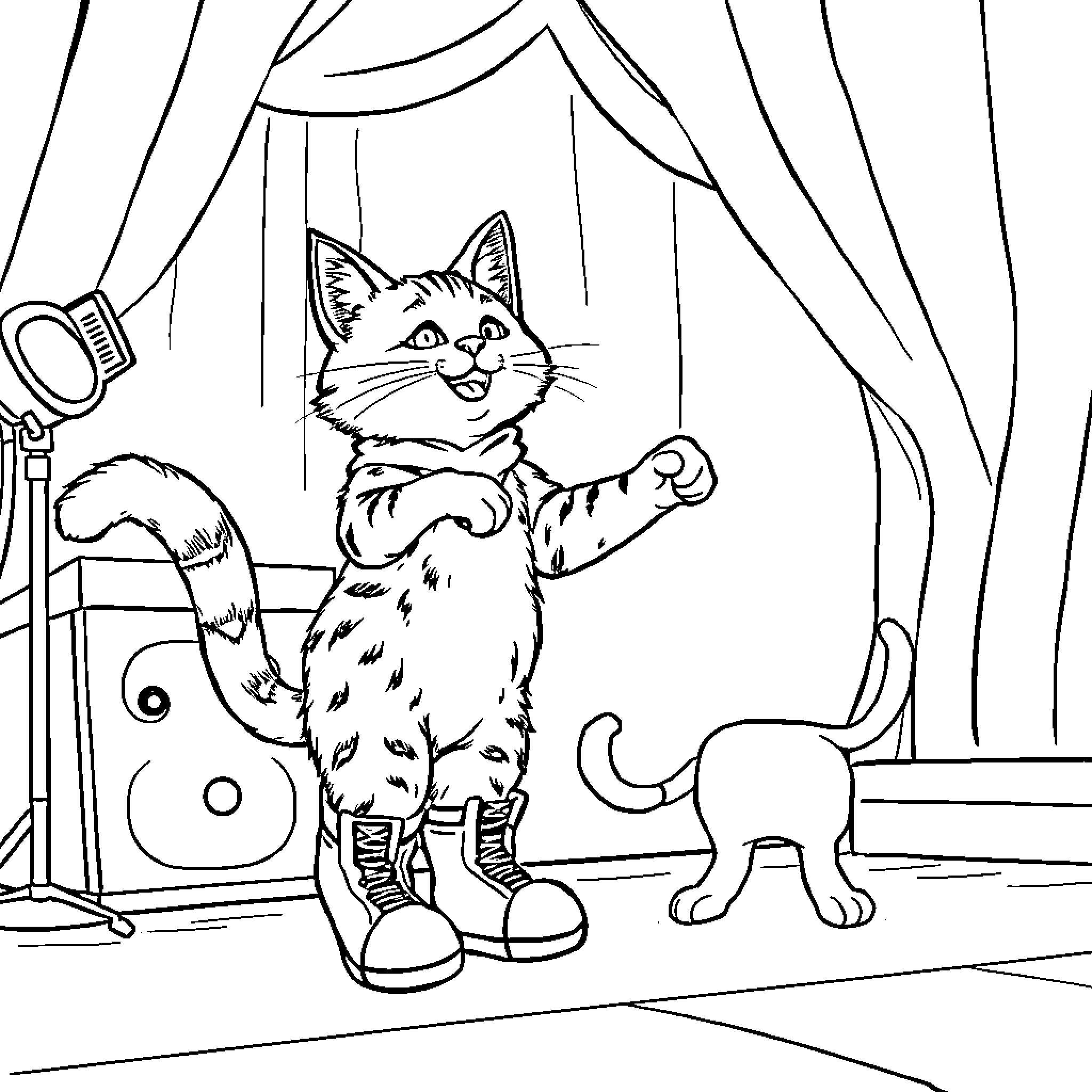 Gato performing on stage with musical instruments Coloring Page (free black-and-white line drawing printable PDF for all, from beginners to advanced learners, including children, teens, adults, and seniors)
