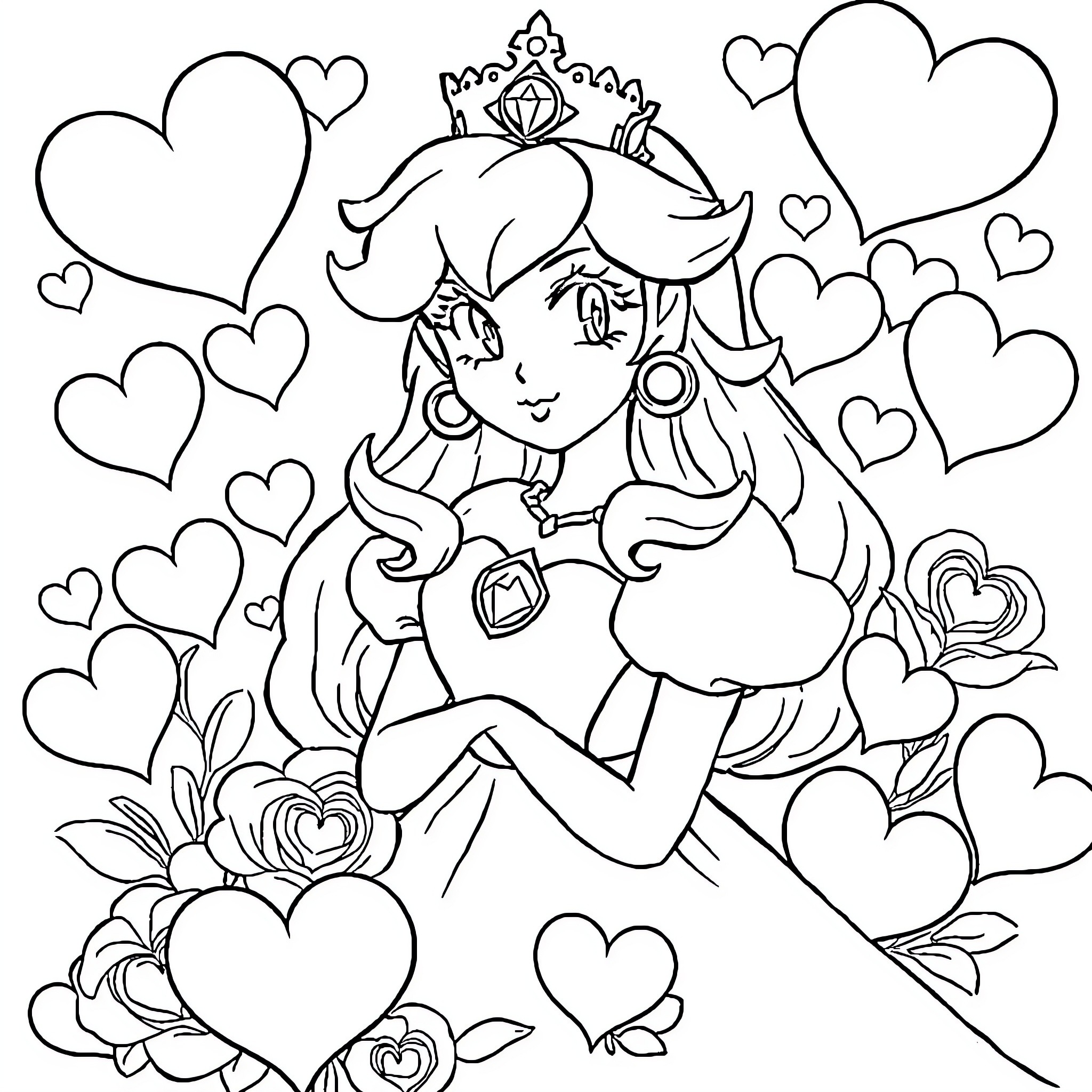 Princess Peach surrounded by hearts and flowers Coloring Page (free black-and-white line drawing printable PDF for all, from beginners to advanced learners, including children, teens, adults, and seniors)