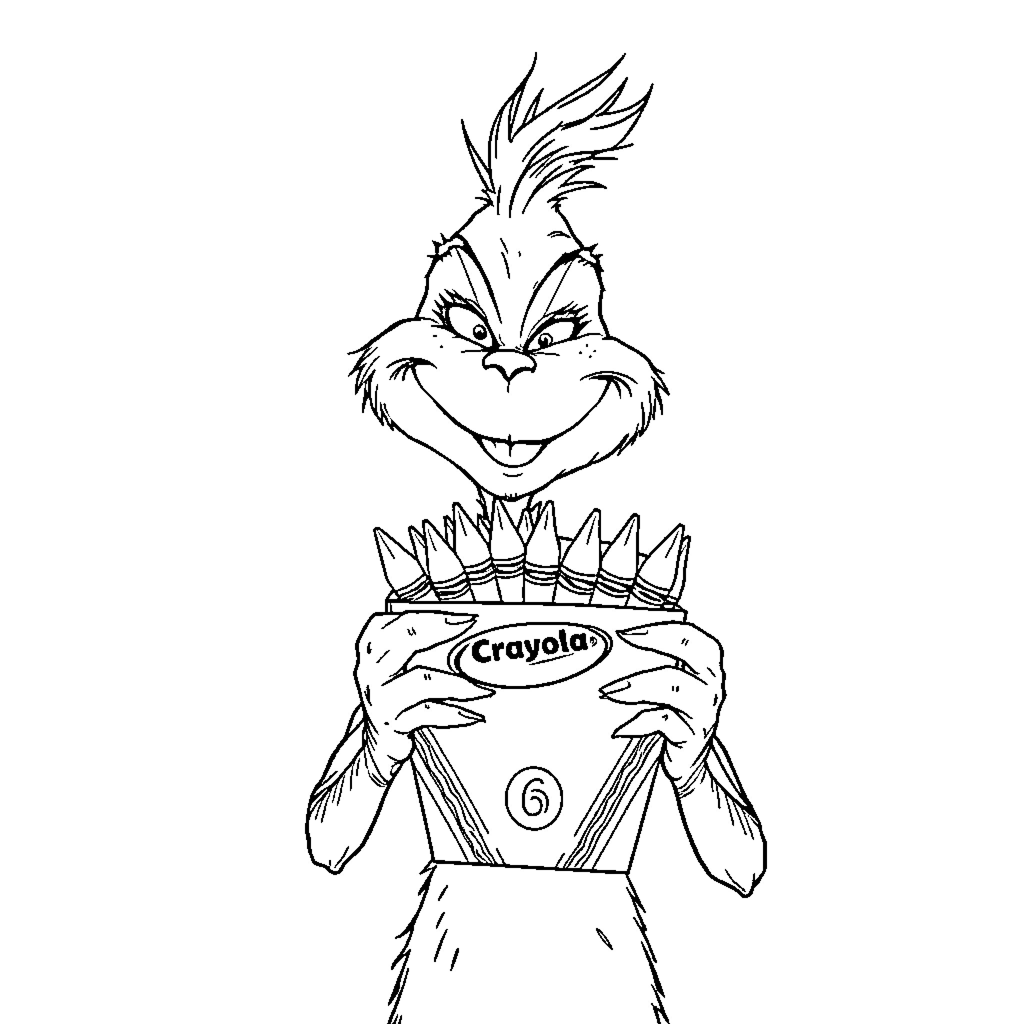 Grinch Holding Crayola Box with Mischievous Expression Coloring Page (free black-and-white line drawing printable PDF for all, from beginners to advanced learners, including children, teens, adults, and seniors)