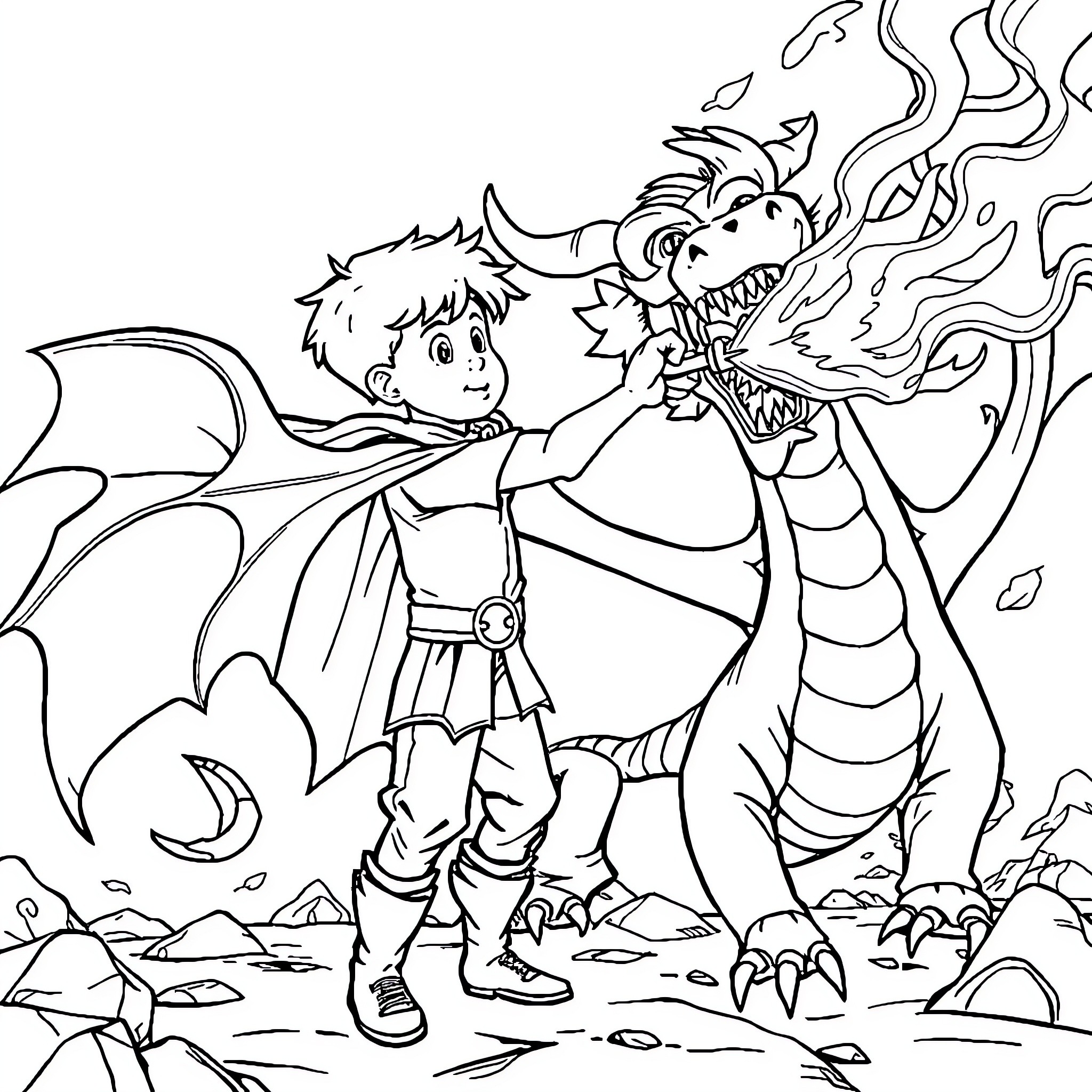 Boy battles a fierce dragon in the wilderness Coloring Page (free black-and-white line drawing printable PDF for all, from beginners to advanced learners, including children, teens, adults, and seniors)