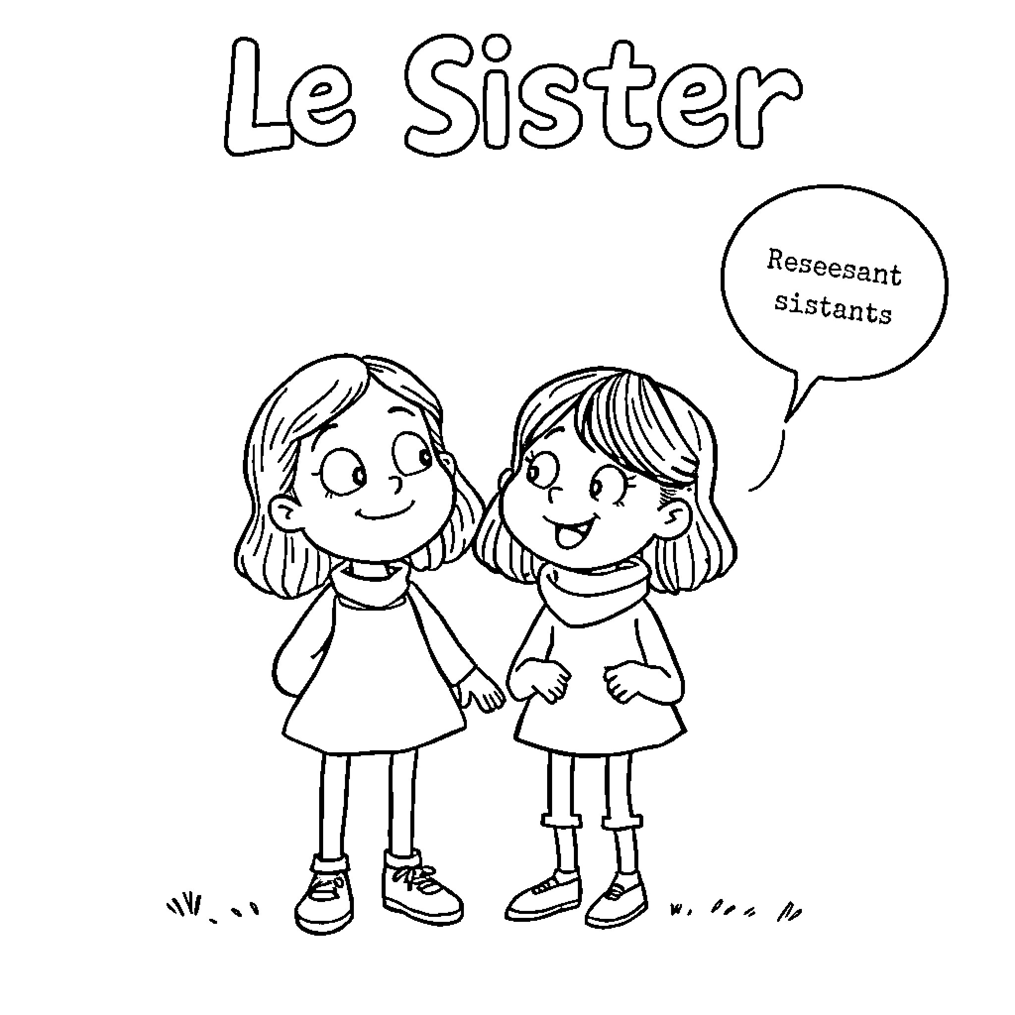 Sisters conversing happily together Coloring Page (free black-and-white line drawing printable PDF for all, from beginners to advanced learners, including children, teens, adults, and seniors)