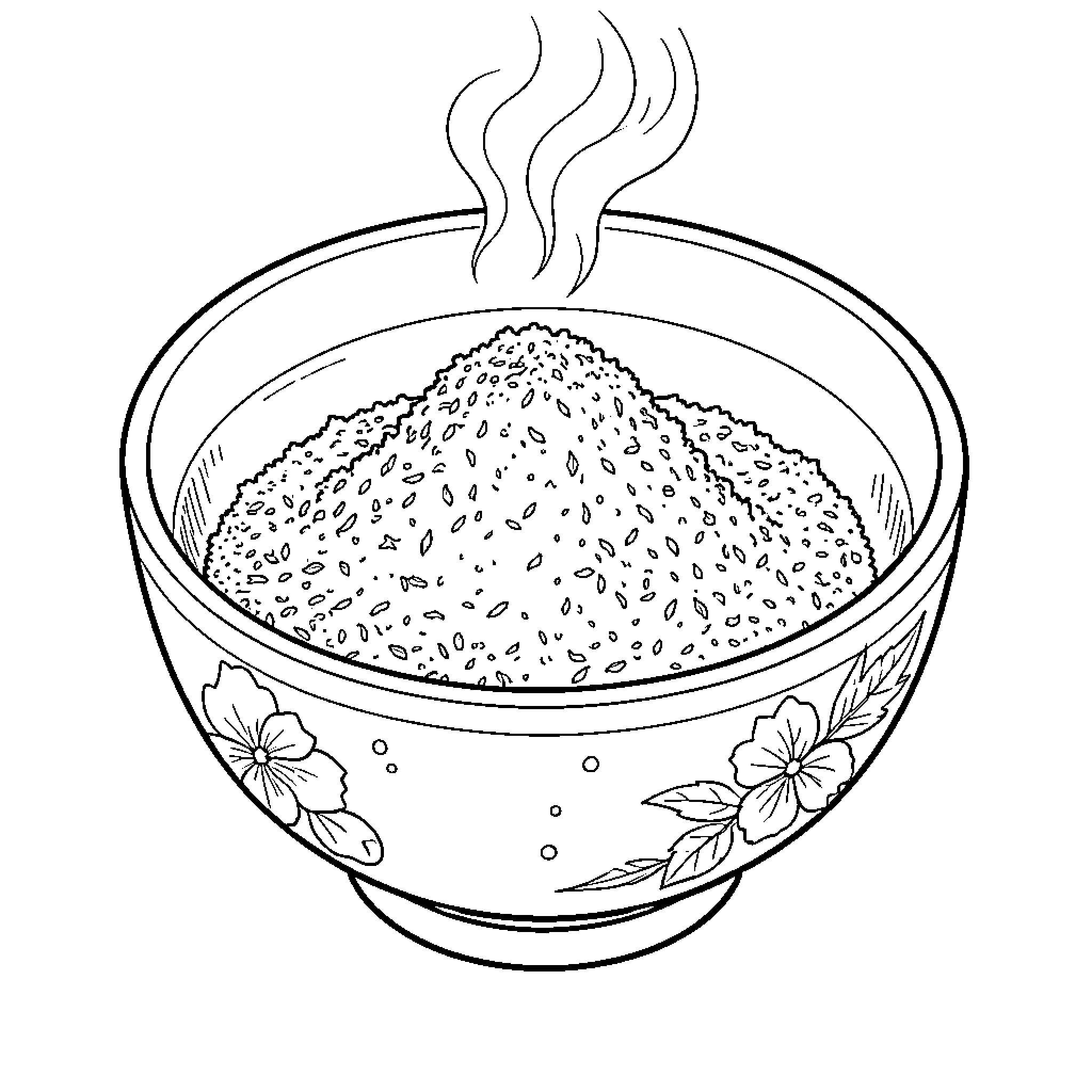 Macha steaming hot rice in a floral bowl Coloring Page (free black-and-white line drawing printable PDF for all, from beginners to advanced learners, including children, teens, adults, and seniors)