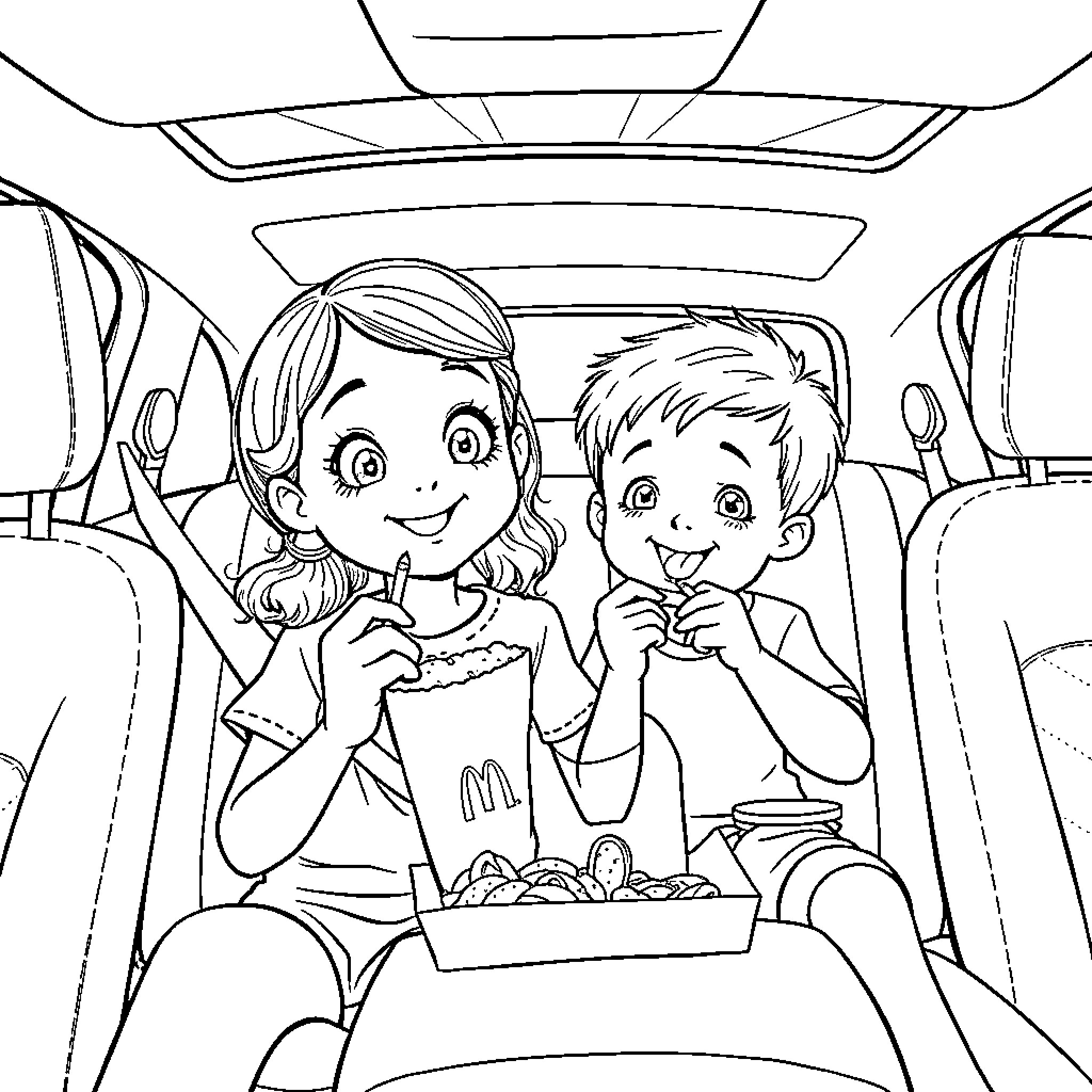 Car Ride with Excited Children Enjoying Snacks Coloring Page (free black-and-white line drawing printable PDF for all, from beginners to advanced learners, including children, teens, adults, and seniors)