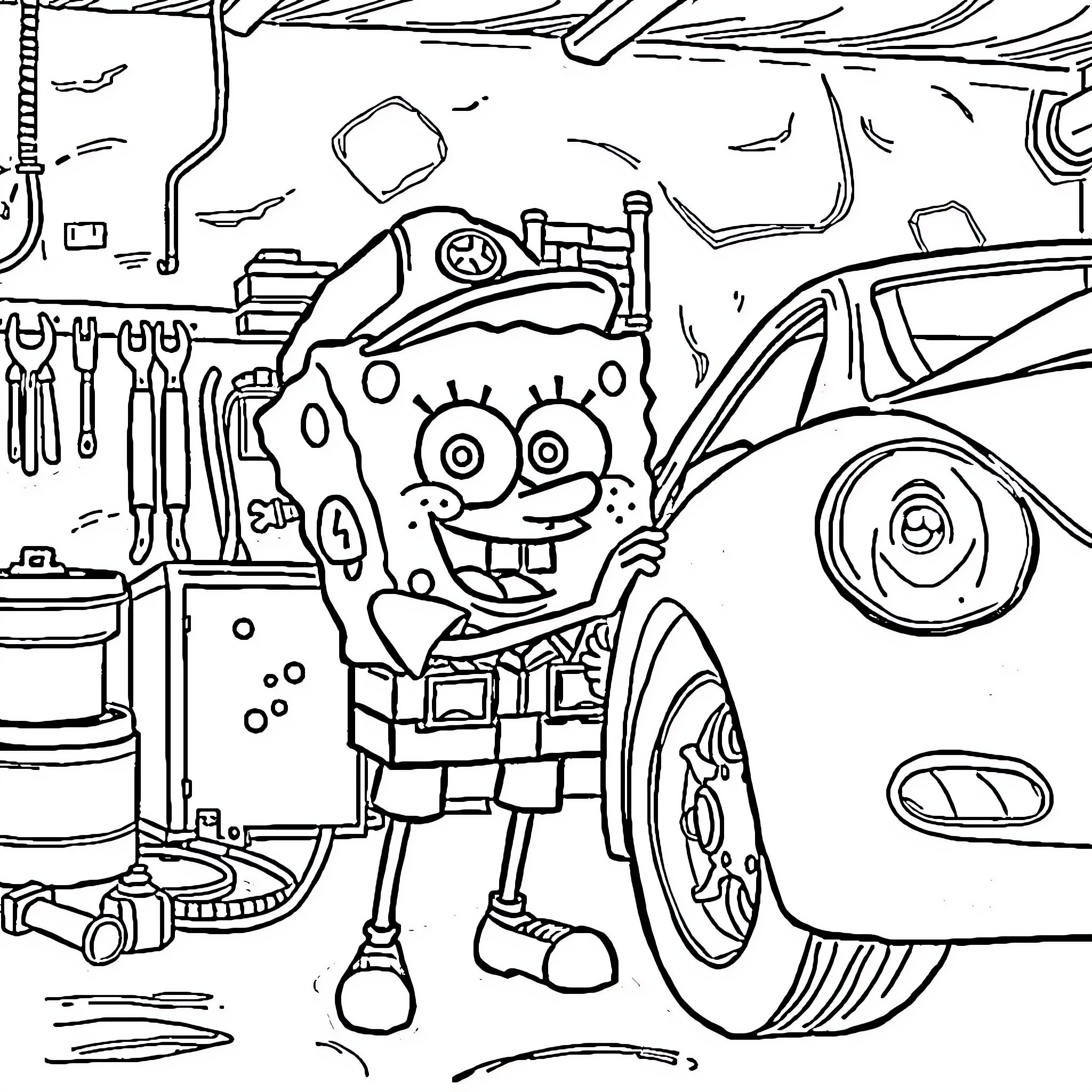Spongebob working on his automobile Coloring Page (free black-and-white line drawing printable PDF for all, from beginners to advanced learners, including children, teens, adults, and seniors)