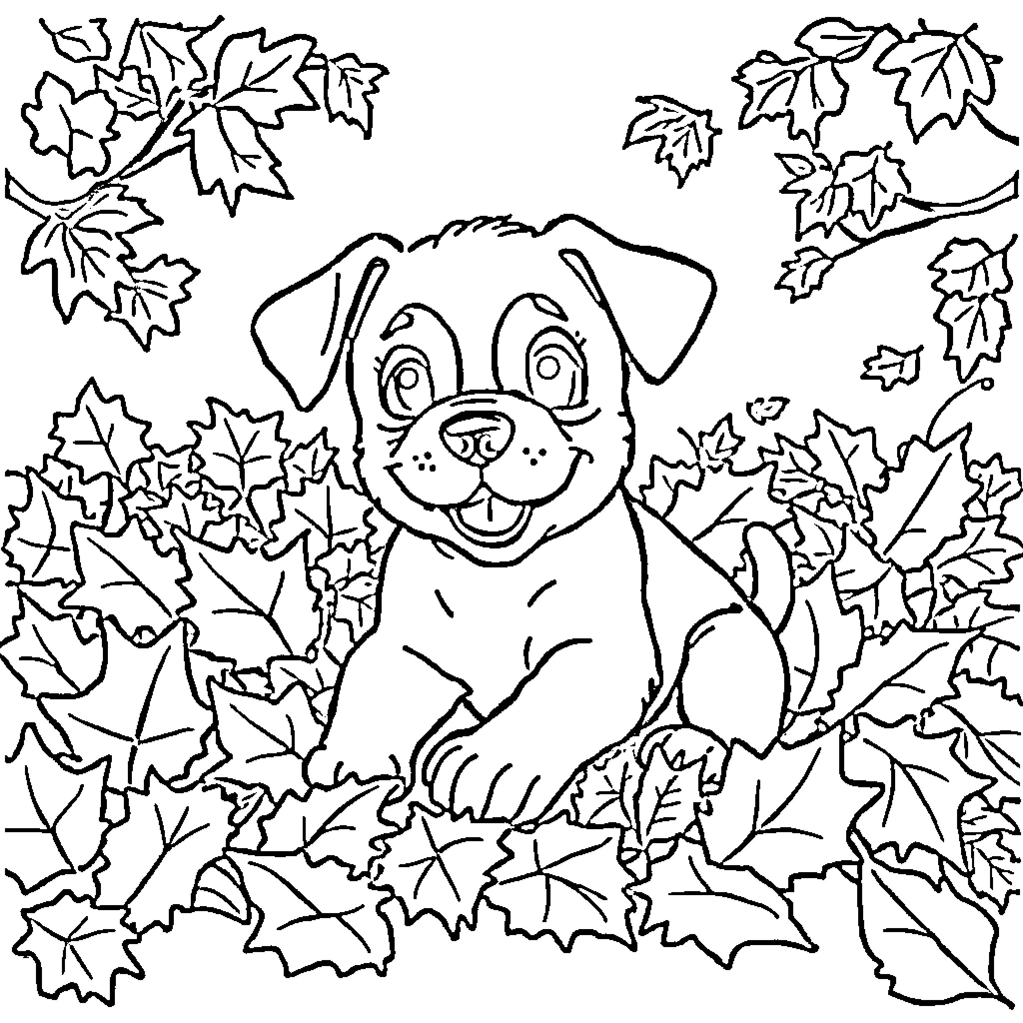Puppy playing in the autumn leaves Coloring Page (free black-and-white line drawing printable PDF for all, from beginners to advanced learners, including children, teens, adults, and seniors)