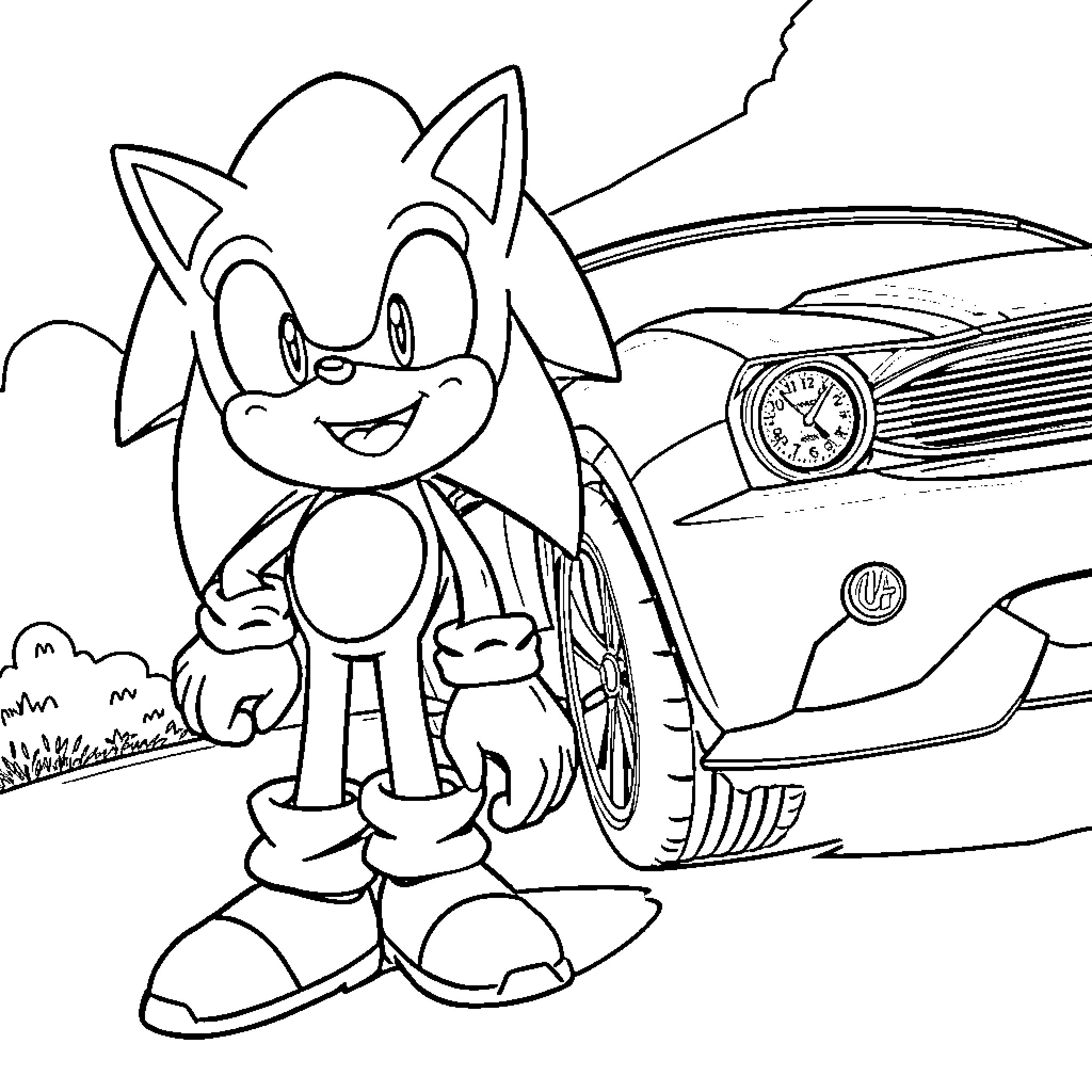 Sonic enjoying a scenic car ride Coloring Page (free black-and-white line drawing printable PDF for all, from beginners to advanced learners, including children, teens, adults, and seniors)