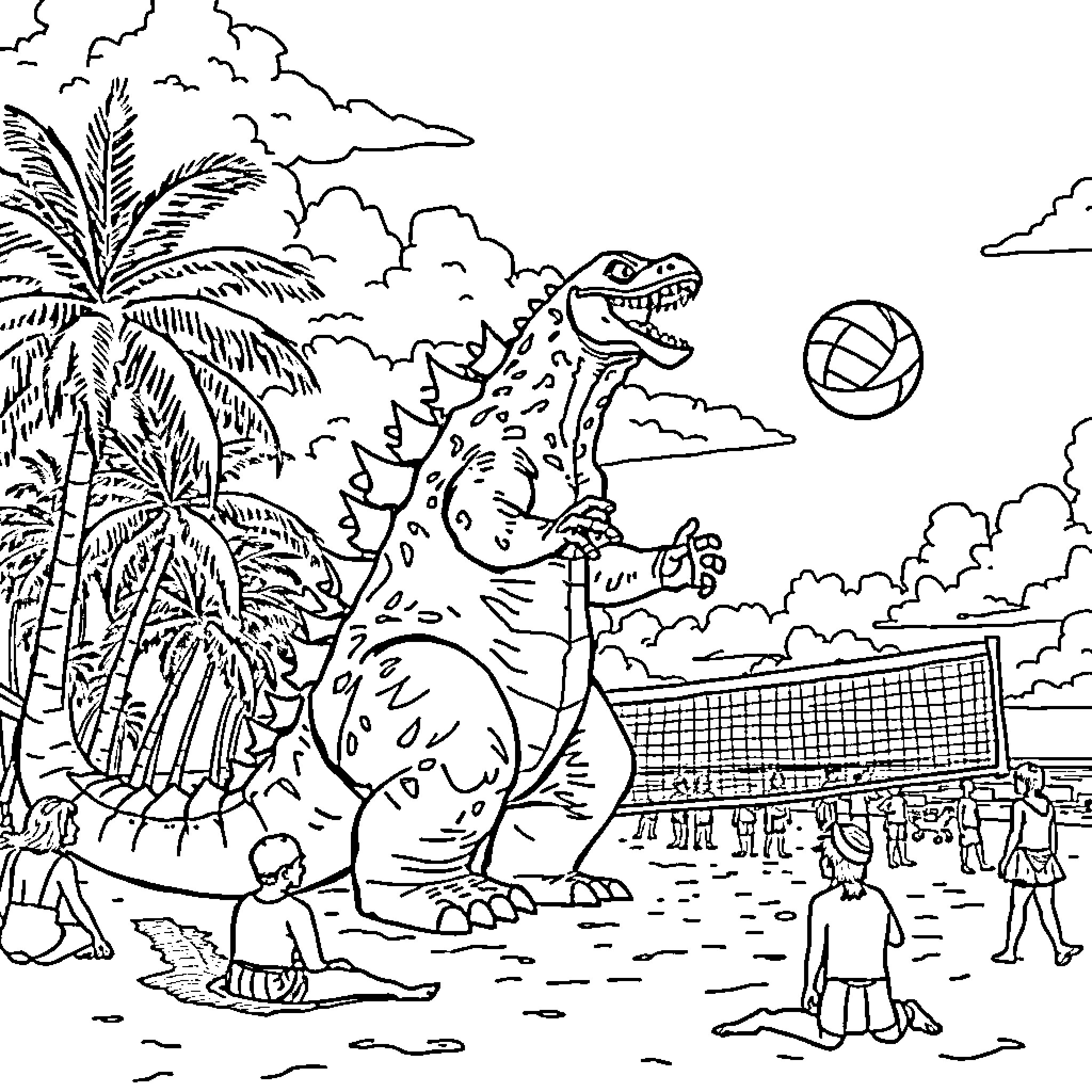 Godzilla playing beach volleyball with humans Coloring Page (free black-and-white line drawing printable PDF for all, from beginners to advanced learners, including children, teens, adults, and seniors)
