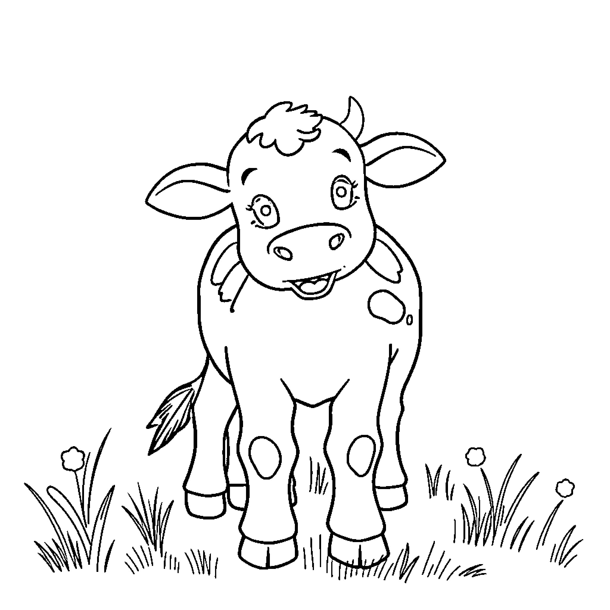 Cow standing in grassy field Coloring Page (free black-and-white line drawing printable PDF for all, from beginners to advanced learners, including children, teens, adults, and seniors)