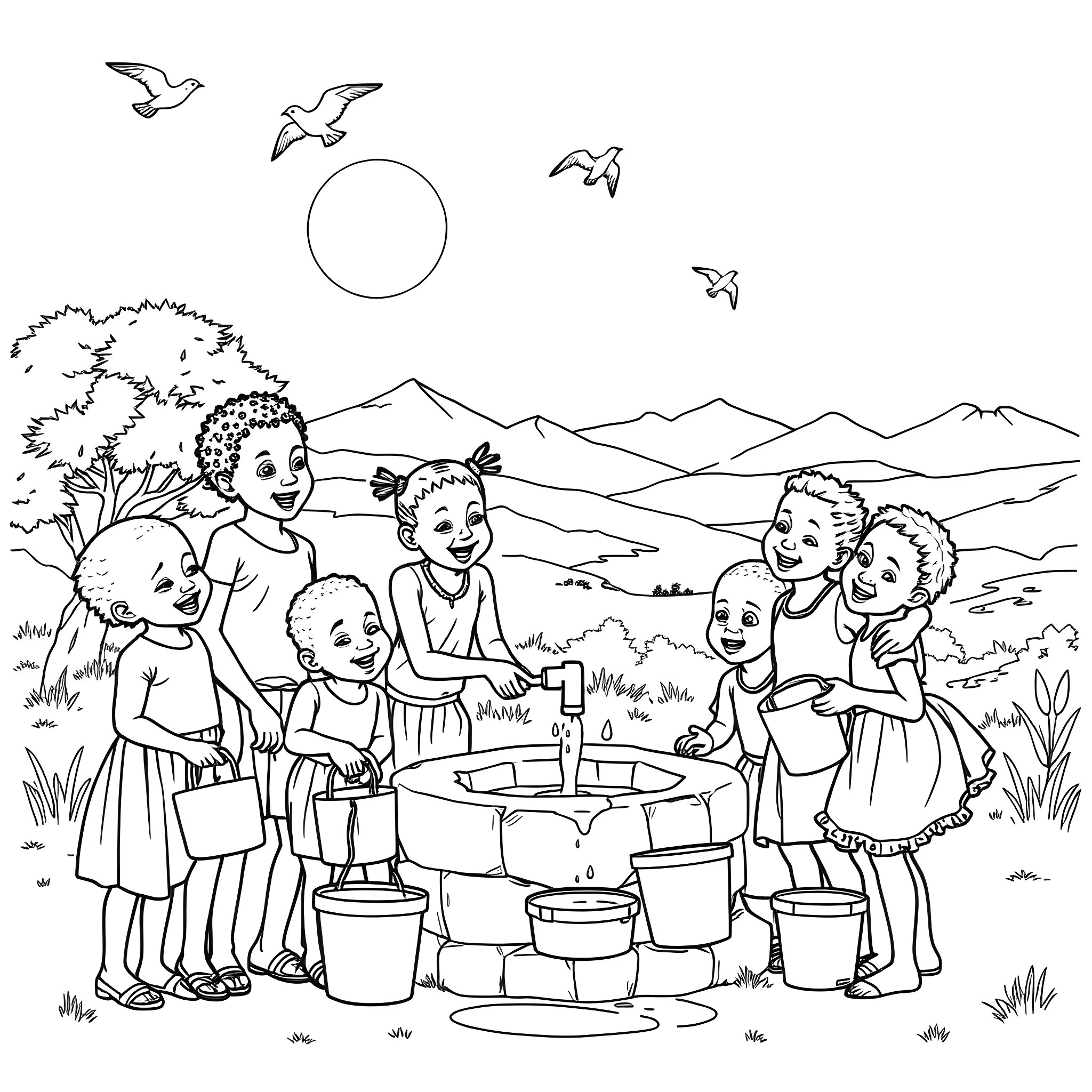 Kid playing together in the countryside Coloring Page (free black-and-white line drawing printable PDF for all, from beginners to advanced learners, including children, teens, adults, and seniors)