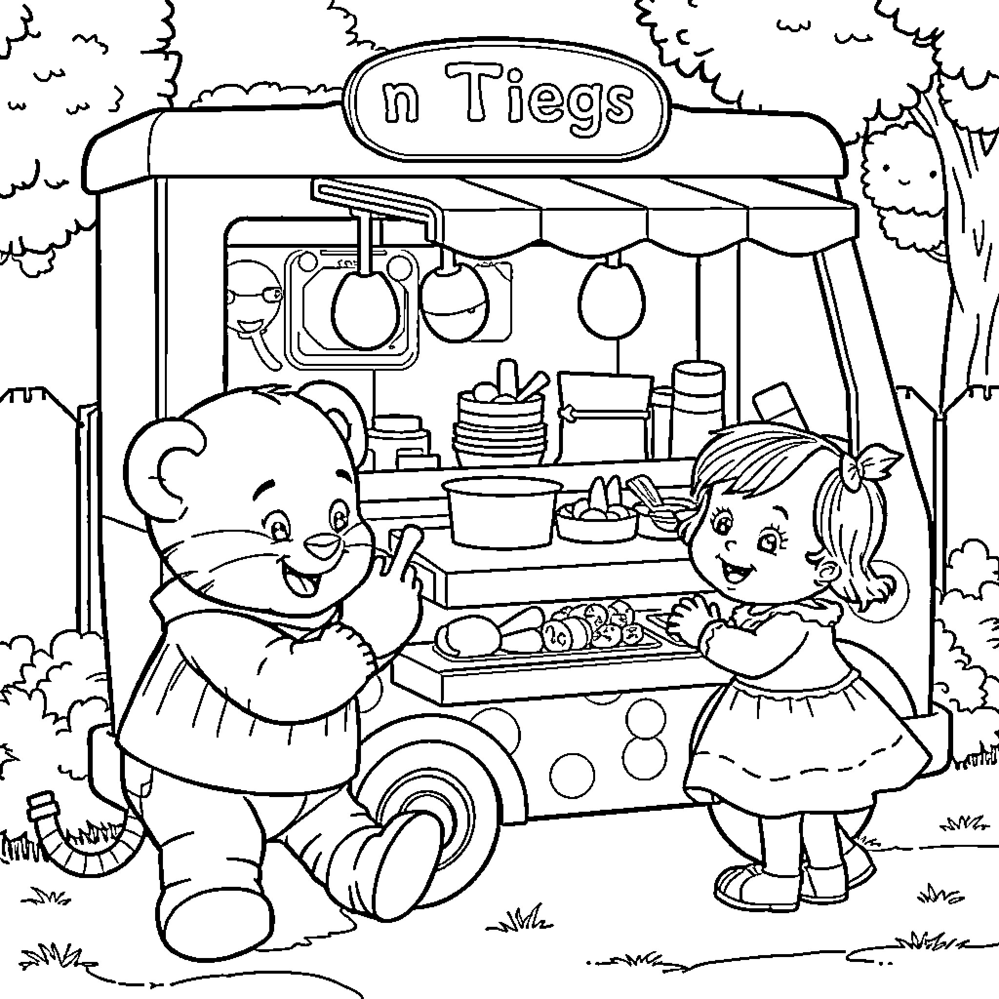Daniel Tiger and Friend Explore Snack Stand Coloring Page (free black-and-white line drawing printable PDF for all, from beginners to advanced learners, including children, teens, adults, and seniors)