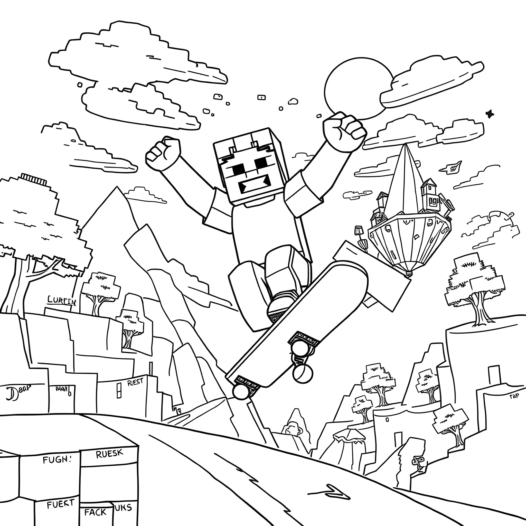 Minecraft character adventuring in a fantastical landscape Coloring Page (free black-and-white line drawing printable PDF for all, from beginners to advanced learners, including children, teens, adults, and seniors)