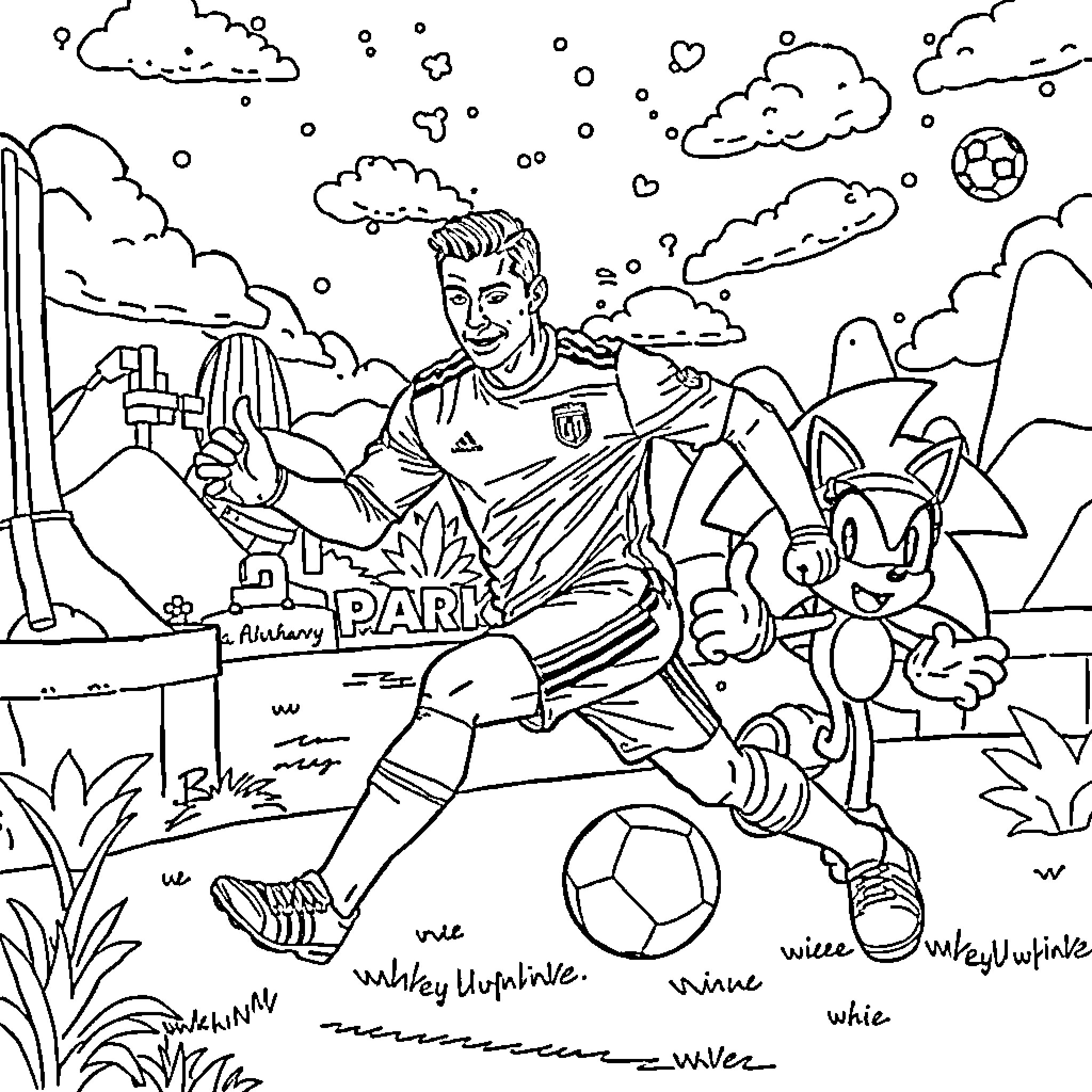 Cristiano Ronaldo playing soccer in the park Coloring Page (free black-and-white line drawing printable PDF for all, from beginners to advanced learners, including children, teens, adults, and seniors)