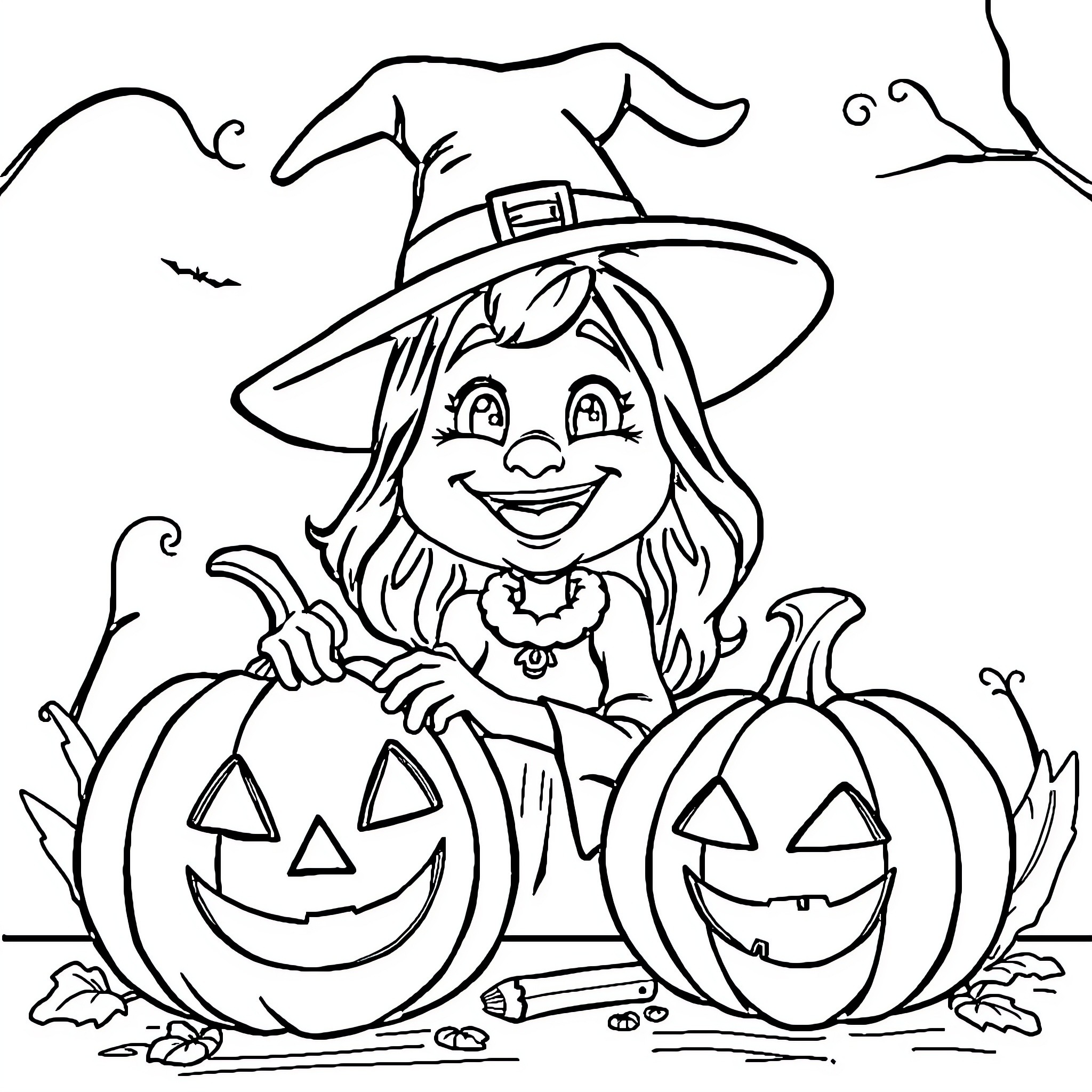 Witch and her pumpkin companions Coloring Page (free black-and-white line drawing printable PDF for all, from beginners to advanced learners, including children, teens, adults, and seniors)