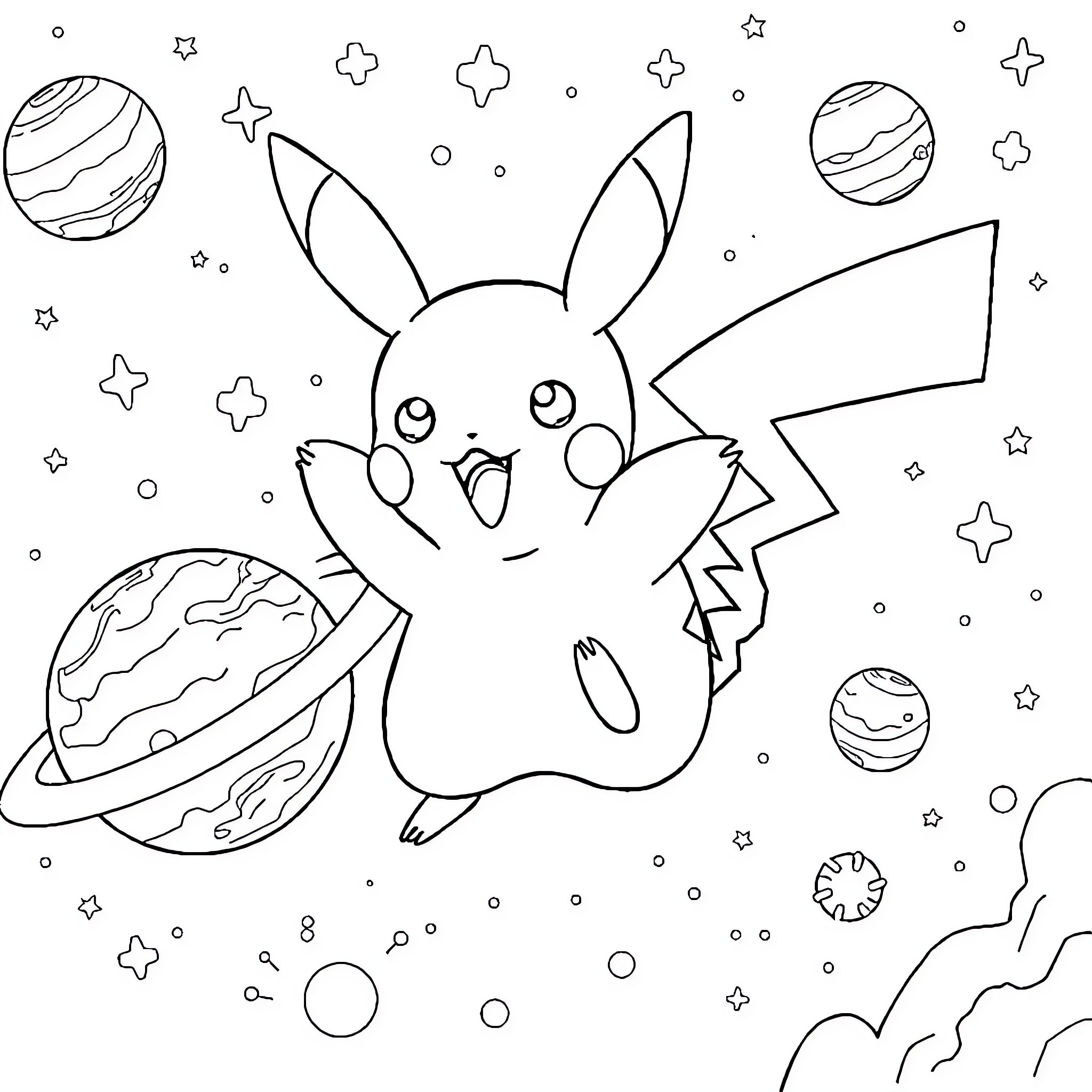 Pikachu exploring the cosmic universe Coloring Page (free black-and-white line drawing printable PDF for all, from beginners to advanced learners, including children, teens, adults, and seniors)
