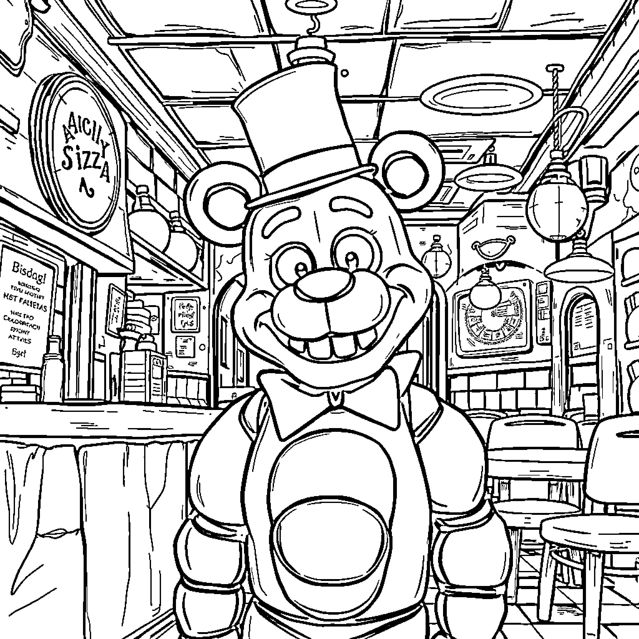 Freddy Fazbear smiling in a crowded restaurant setting Coloring Page (free black-and-white line drawing printable PDF for all, from beginners to advanced learners, including children, teens, adults, and seniors)
