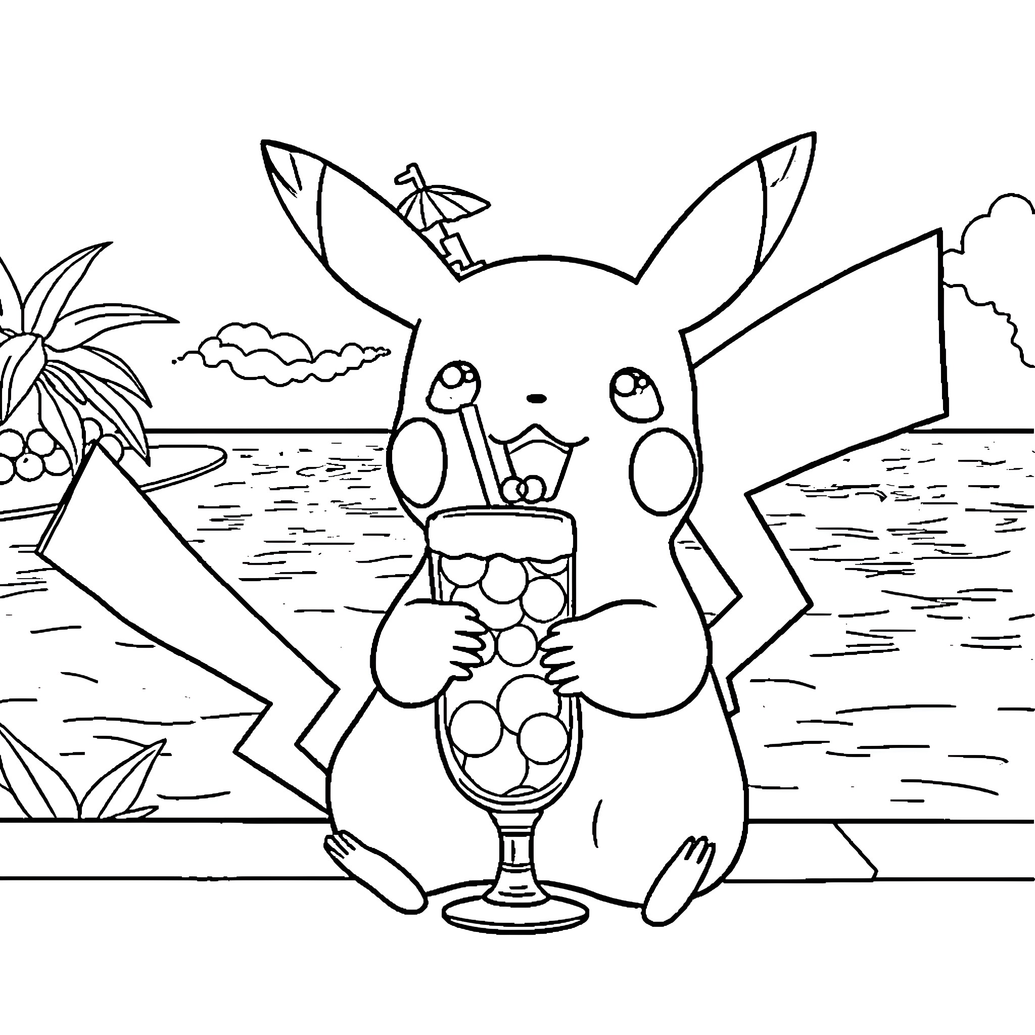 Pikachu enjoying a tropical beverage on the beach Coloring Page (free black-and-white line drawing printable PDF for all, from beginners to advanced learners, including children, teens, adults, and seniors)