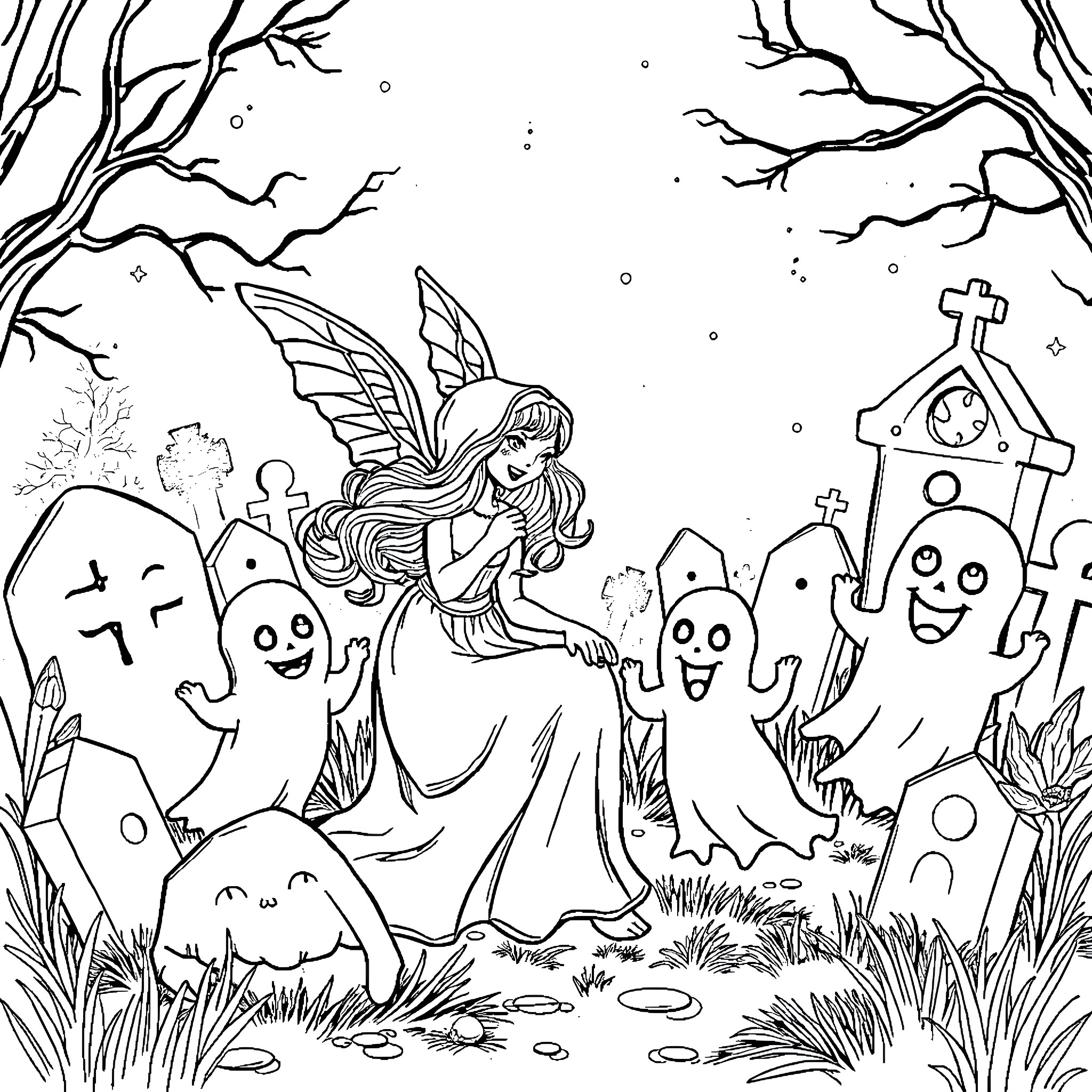 Artemis Fairy Encounters Whimsical Spirits in Enchanted Forest Coloring Page (free black-and-white line drawing printable PDF for all, from beginners to advanced learners, including children, teens, adults, and seniors)