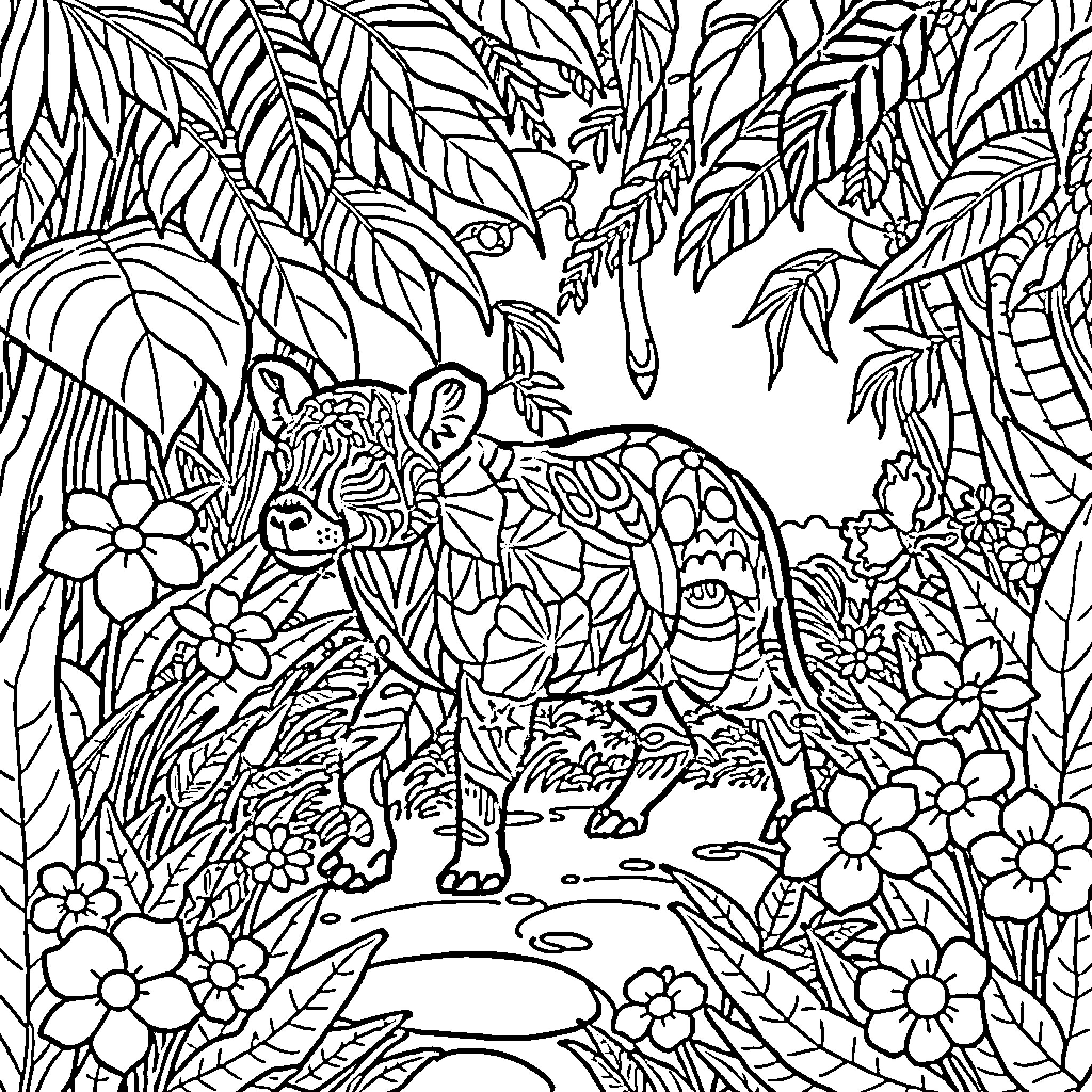 Animal hidden in lush tropical foliage Coloring Page (free black-and-white line drawing printable PDF for all, from beginners to advanced learners, including children, teens, adults, and seniors)