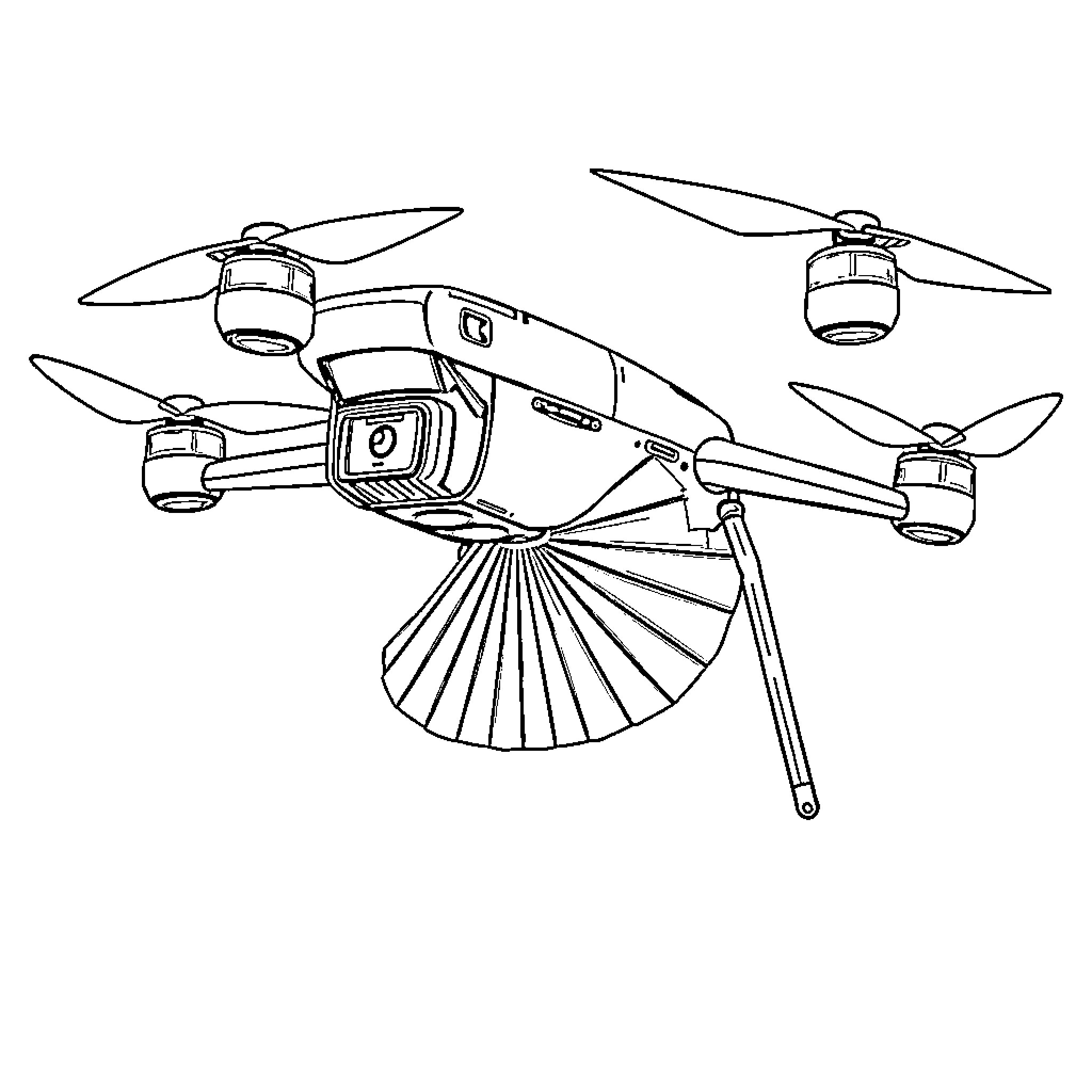 Drone taking aerial photography with multiple cameras Coloring Page (free black-and-white line drawing printable PDF for all, from beginners to advanced learners, including children, teens, adults, and seniors)