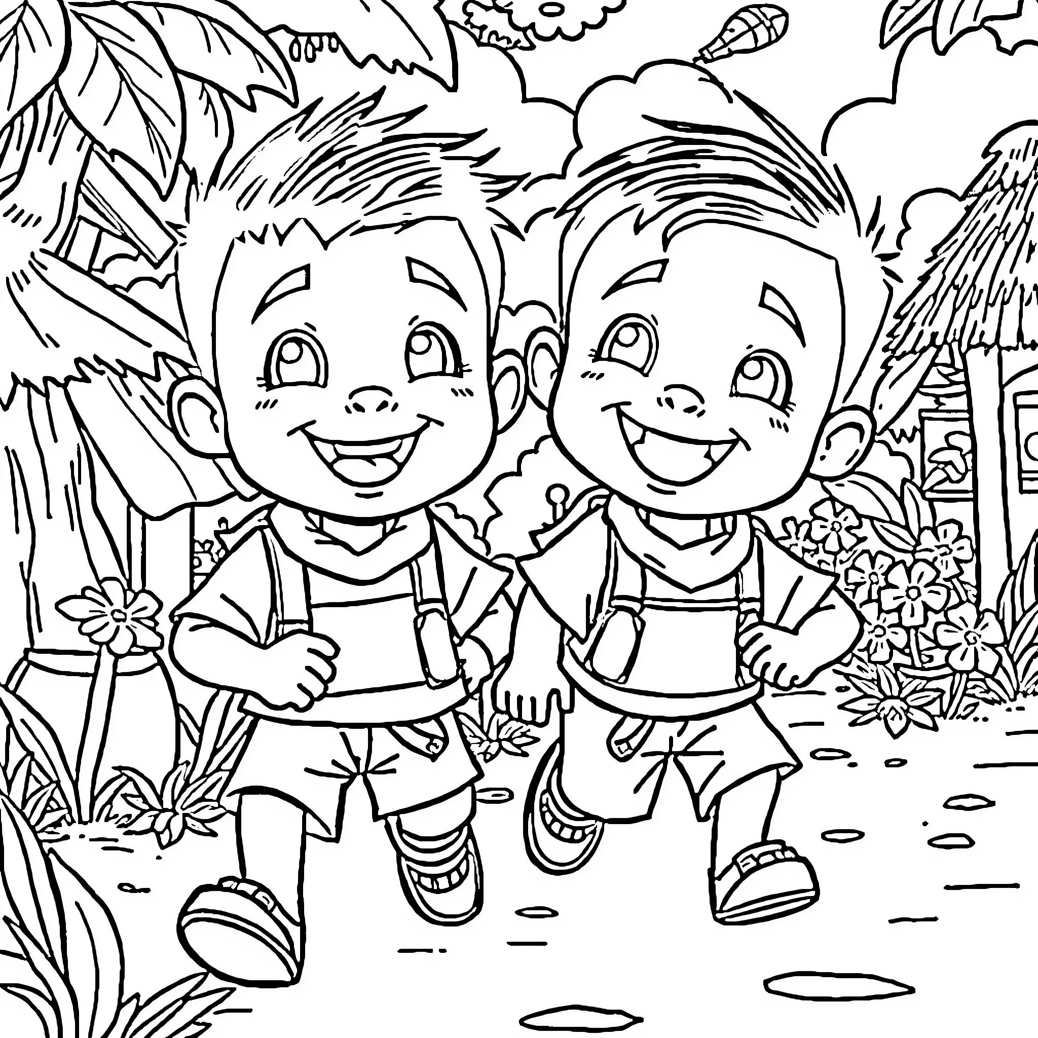 Upin and Ipin Playing Happily in the Jungle Coloring Page (free black-and-white line drawing printable PDF for all, from beginners to advanced learners, including children, teens, adults, and seniors)