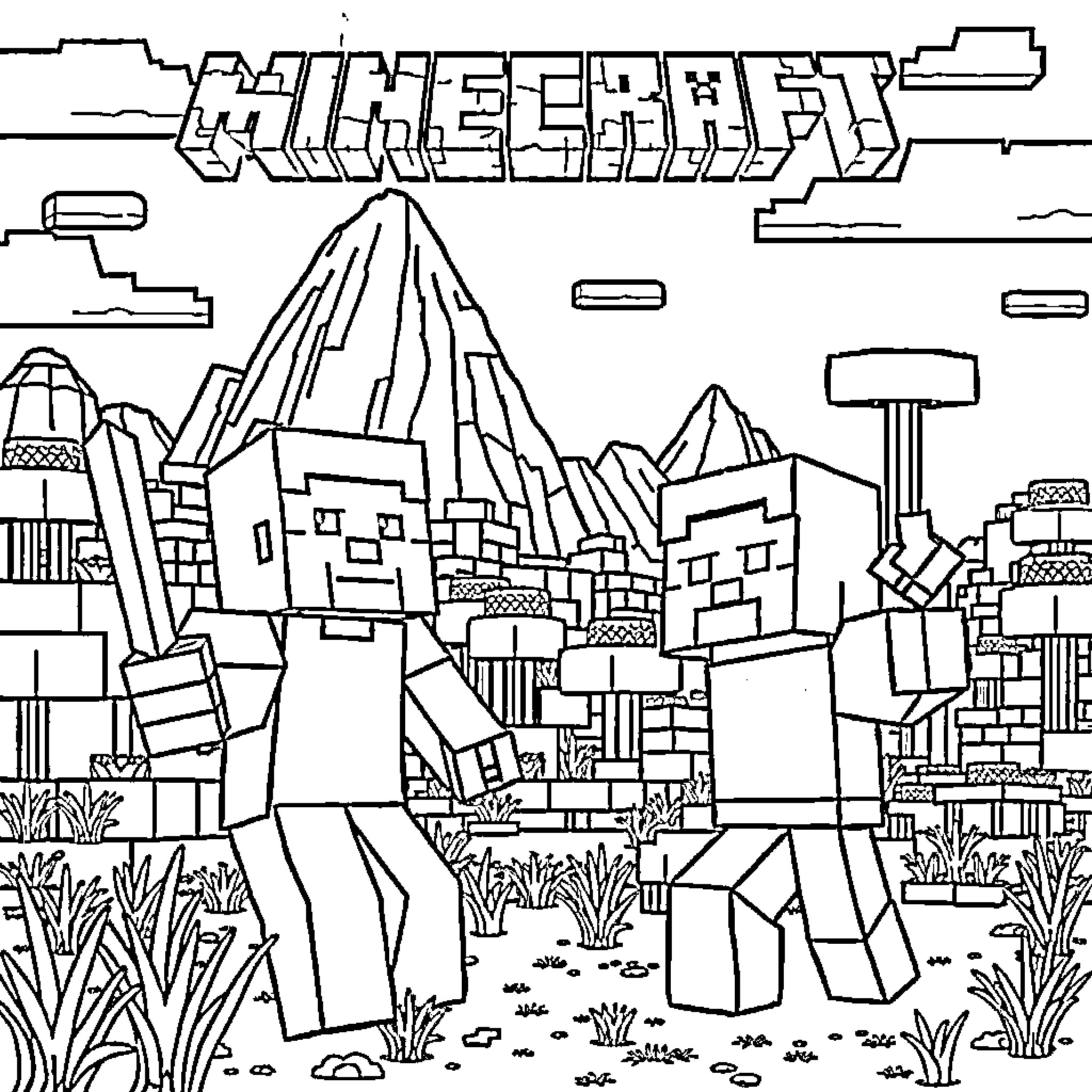 Minecraft Landscape with Towering Mountains and Structures Coloring Page (free black-and-white line drawing printable PDF for all, from beginners to advanced learners, including children, teens, adults, and seniors)