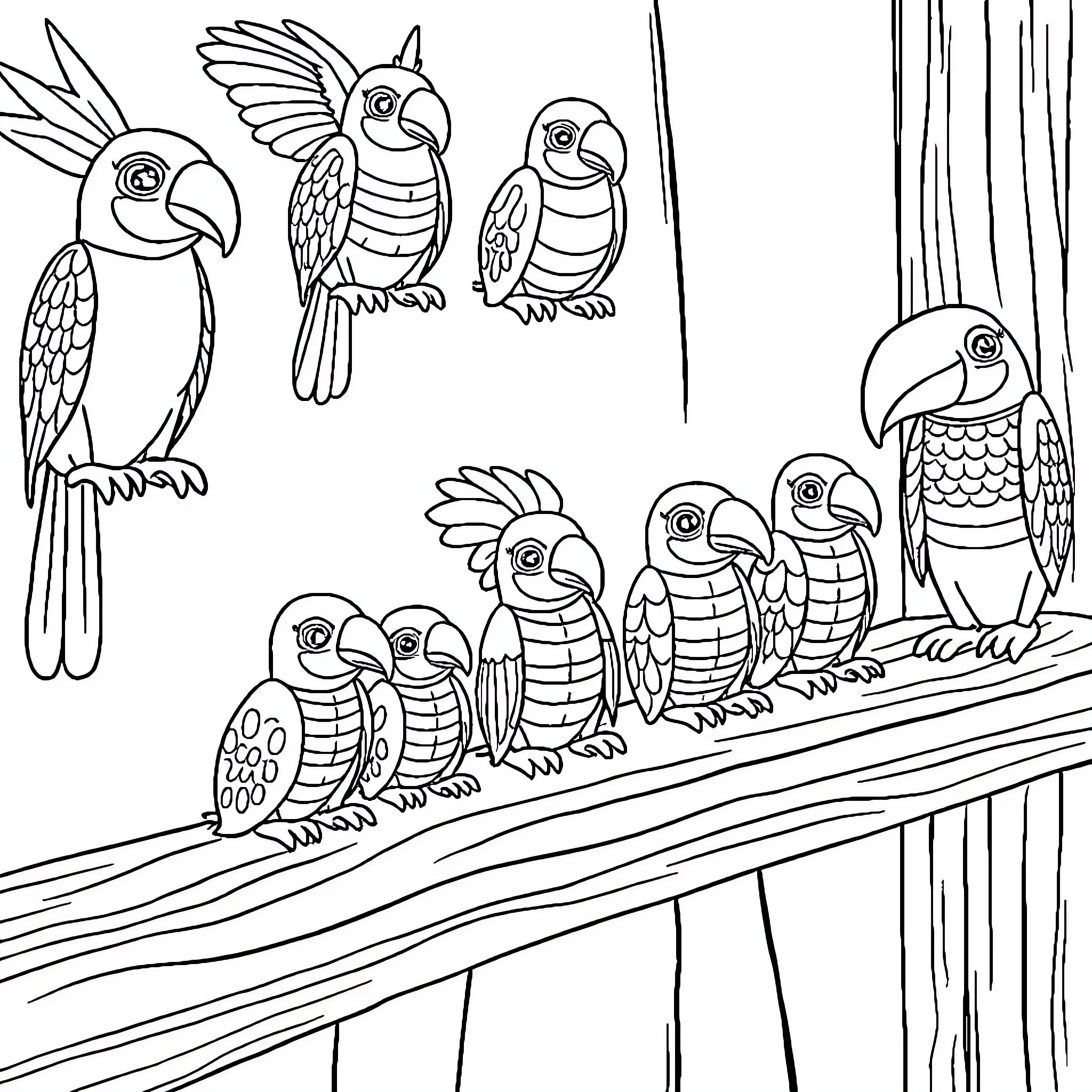 Labubu Parrots Perched on Branches Coloring Page (free black-and-white line drawing printable PDF for all, from beginners to advanced learners, including children, teens, adults, and seniors)