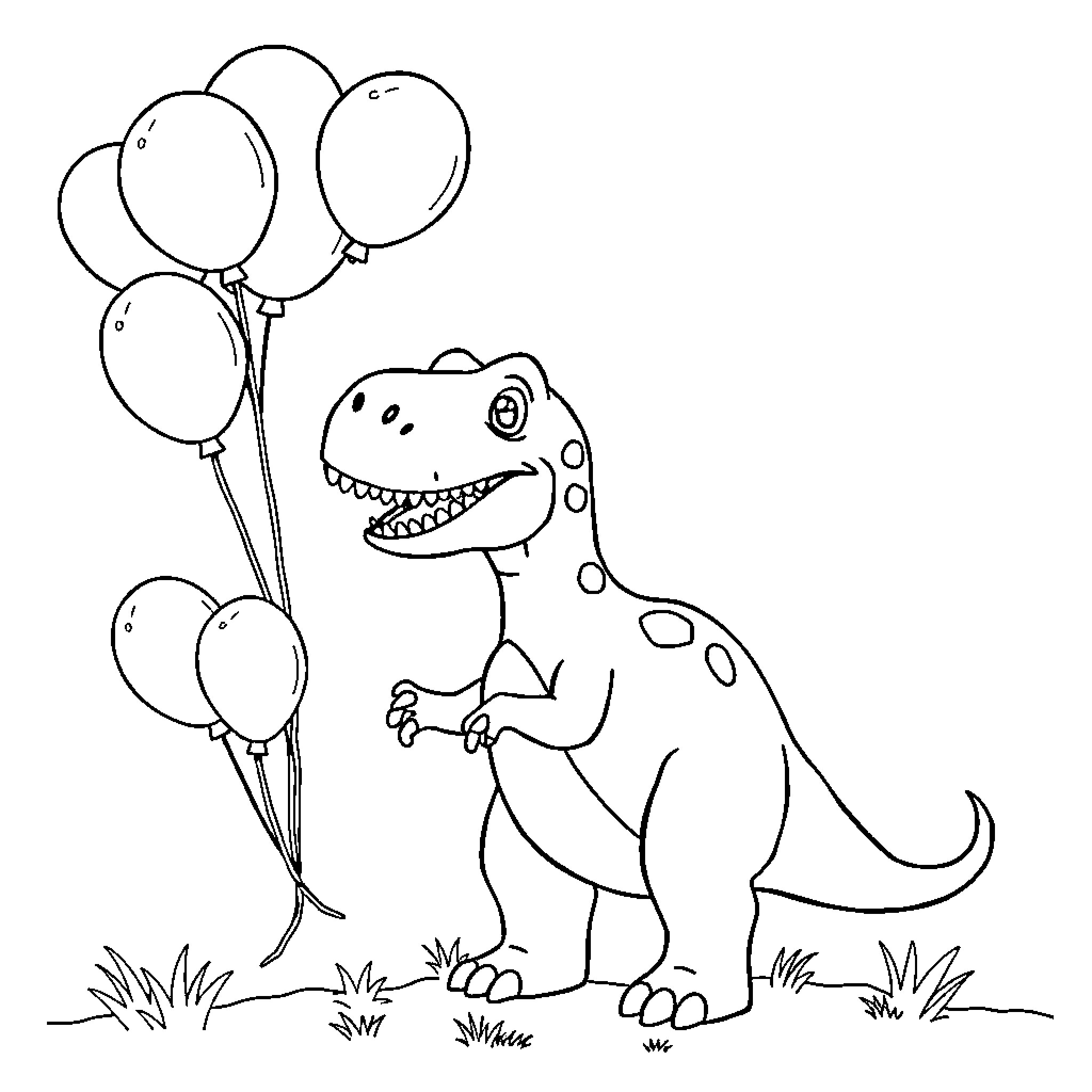 Dinosaur with Balloons Having Fun Coloring Page (free black-and-white line drawing printable PDF for all, from beginners to advanced learners, including children, teens, adults, and seniors)
