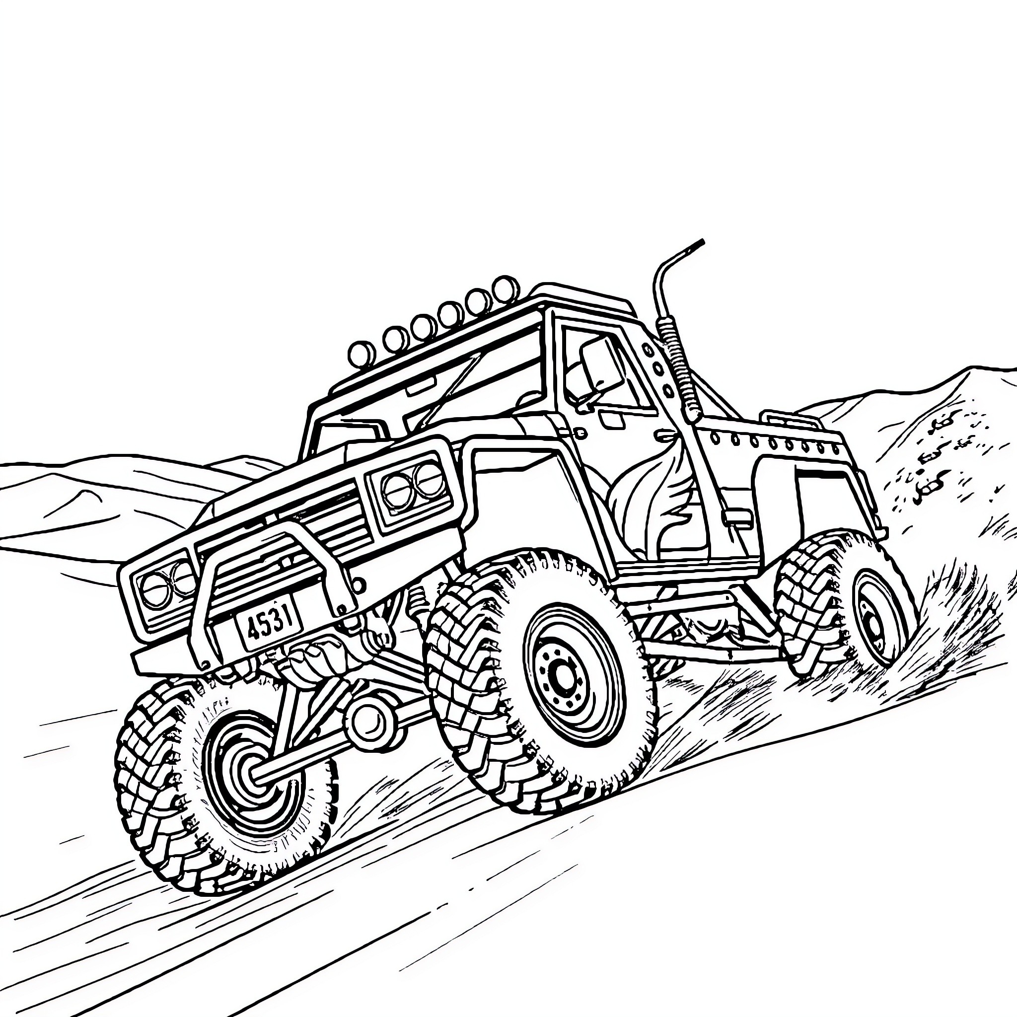 Trophy Truck Tackling Rugged Terrain Coloring Page (free black-and-white line drawing printable PDF for all, from beginners to advanced learners, including children, teens, adults, and seniors)
