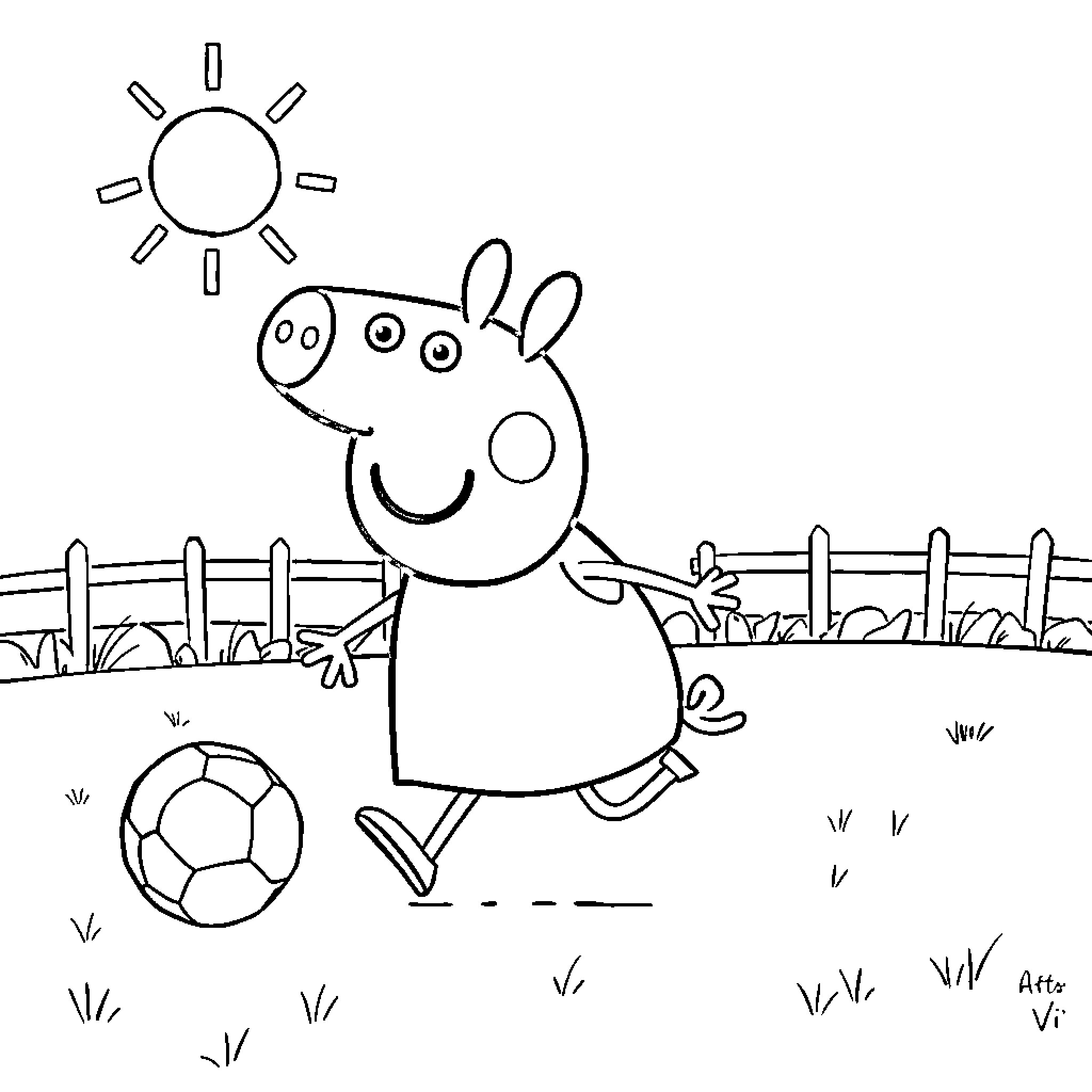 Peppa Pig playing happily with soccer ball in the field Coloring Page (free black-and-white line drawing printable PDF for all, from beginners to advanced learners, including children, teens, adults, and seniors)