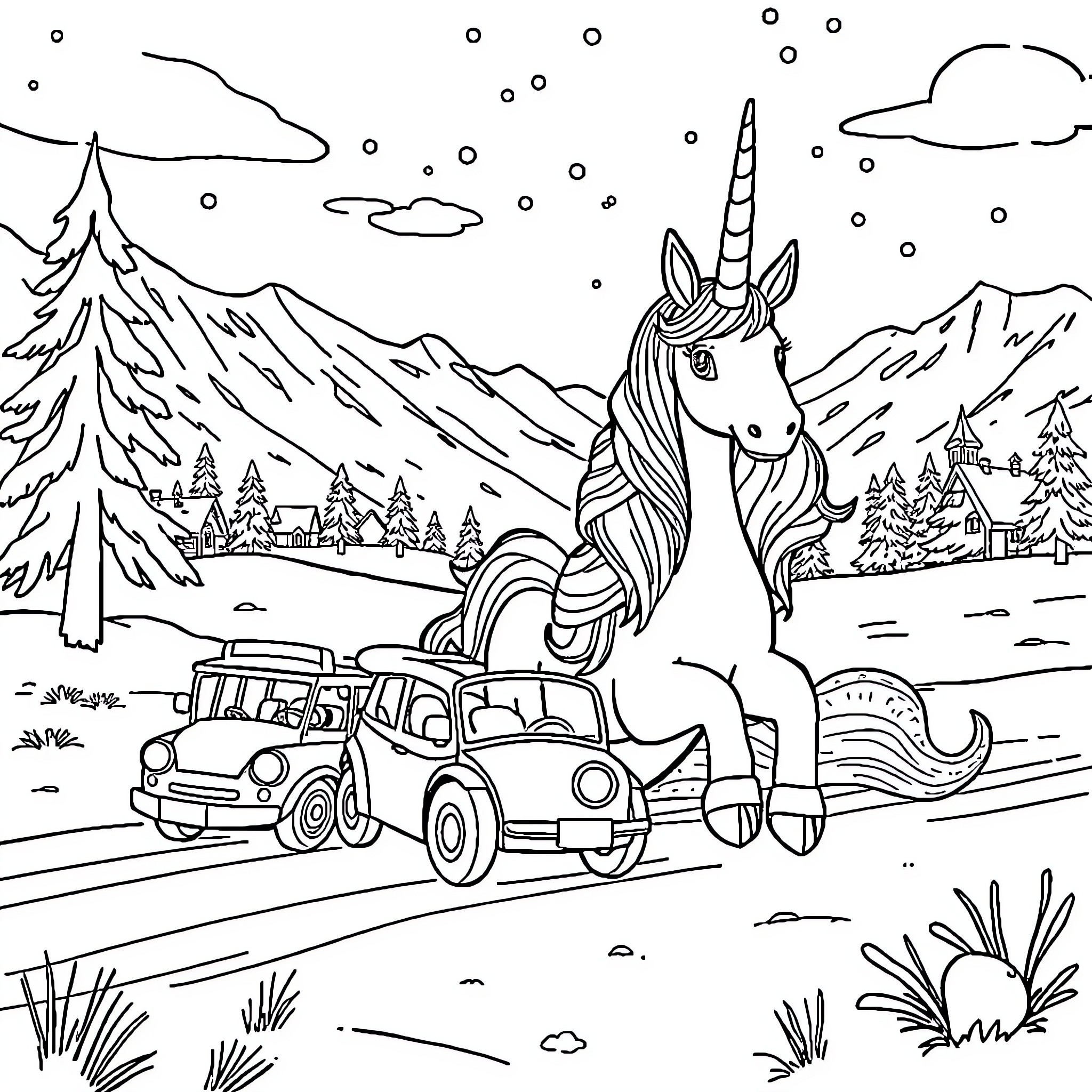 Unicorn traveling in winter wonderland landscape Coloring Page (free black-and-white line drawing printable PDF for all, from beginners to advanced learners, including children, teens, adults, and seniors)