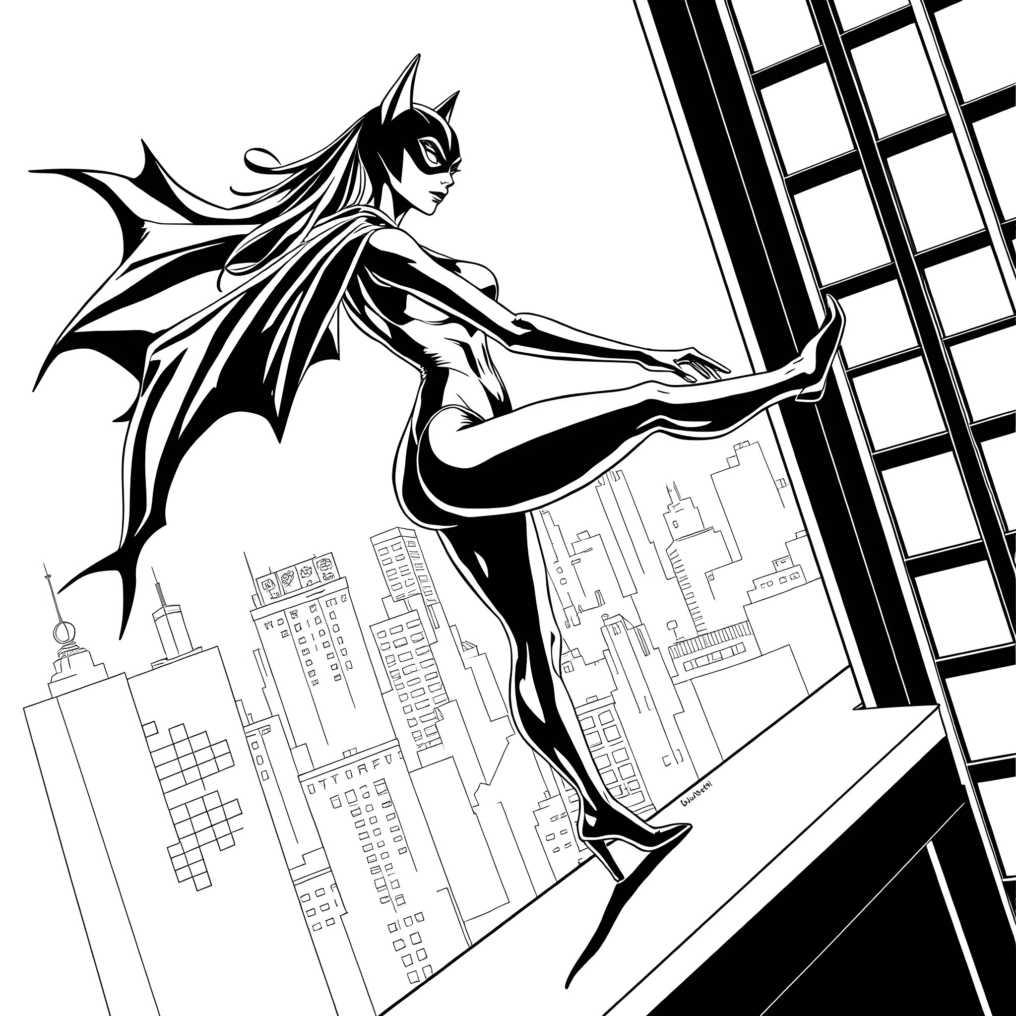 Cat Woman soaring above the city skyline Coloring Page (free black-and-white line drawing printable PDF for all, from beginners to advanced learners, including children, teens, adults, and seniors)