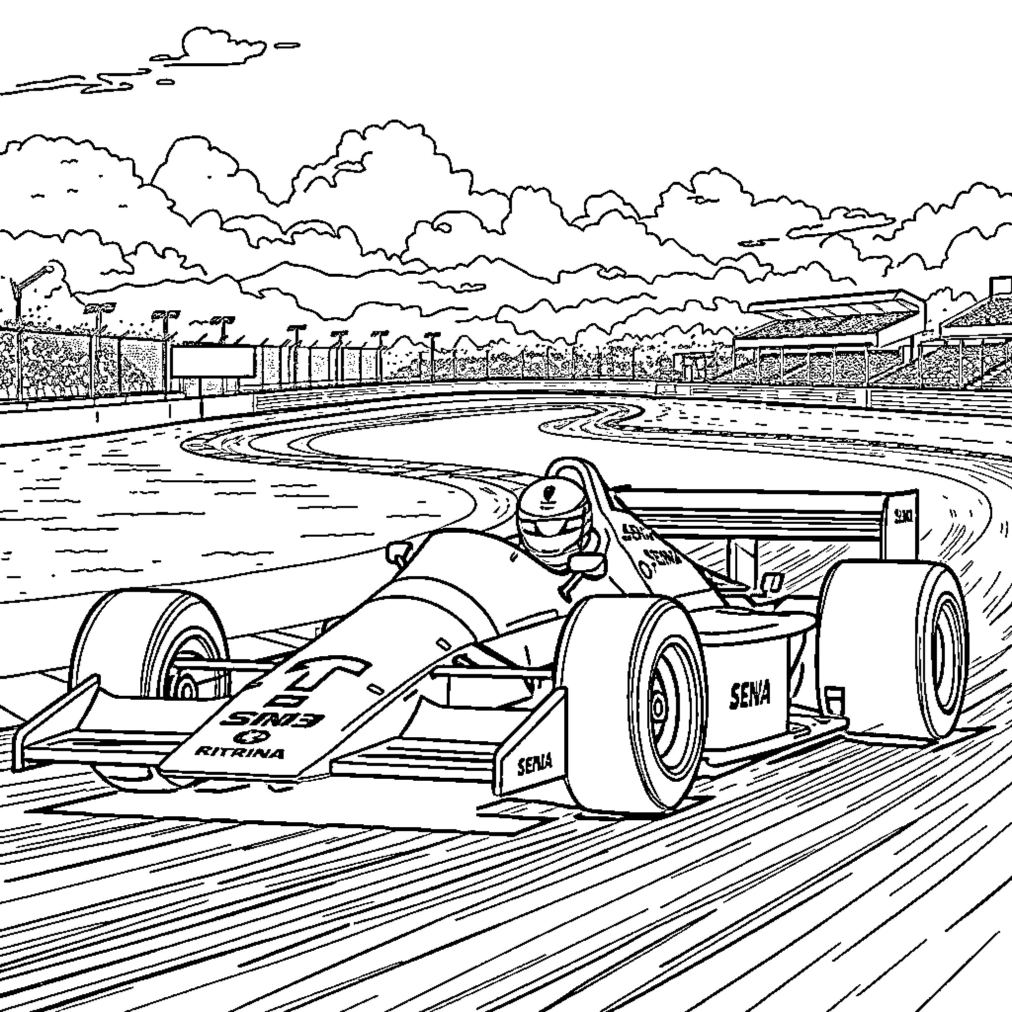 Ayrton Senna racing formula car on the racetrack Coloring Page (free black-and-white line drawing printable PDF for all, from beginners to advanced learners, including children, teens, adults, and seniors)