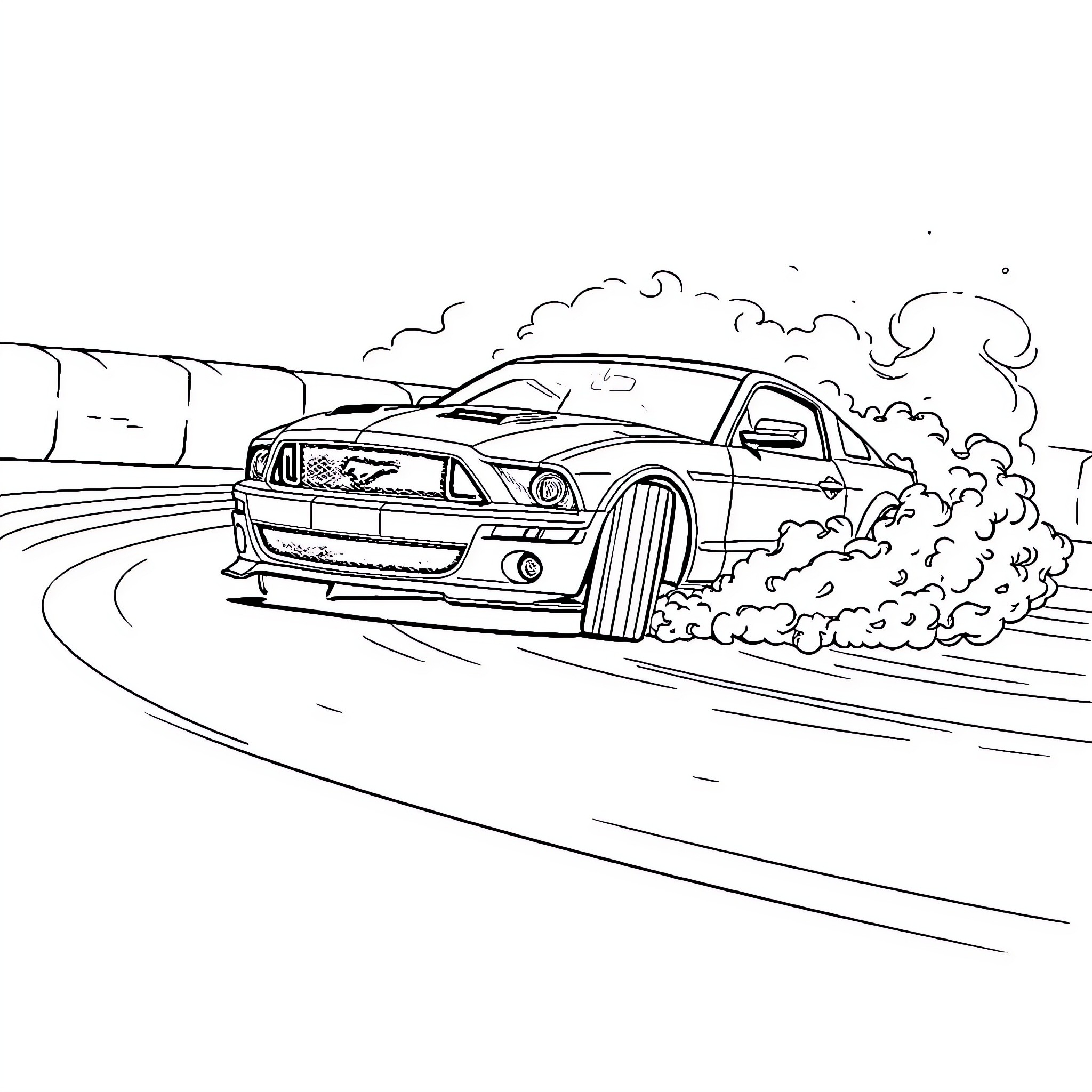 Mustang speeding down the road with smoke billowing Coloring Page (free black-and-white line drawing printable PDF for all, from beginners to advanced learners, including children, teens, adults, and seniors)