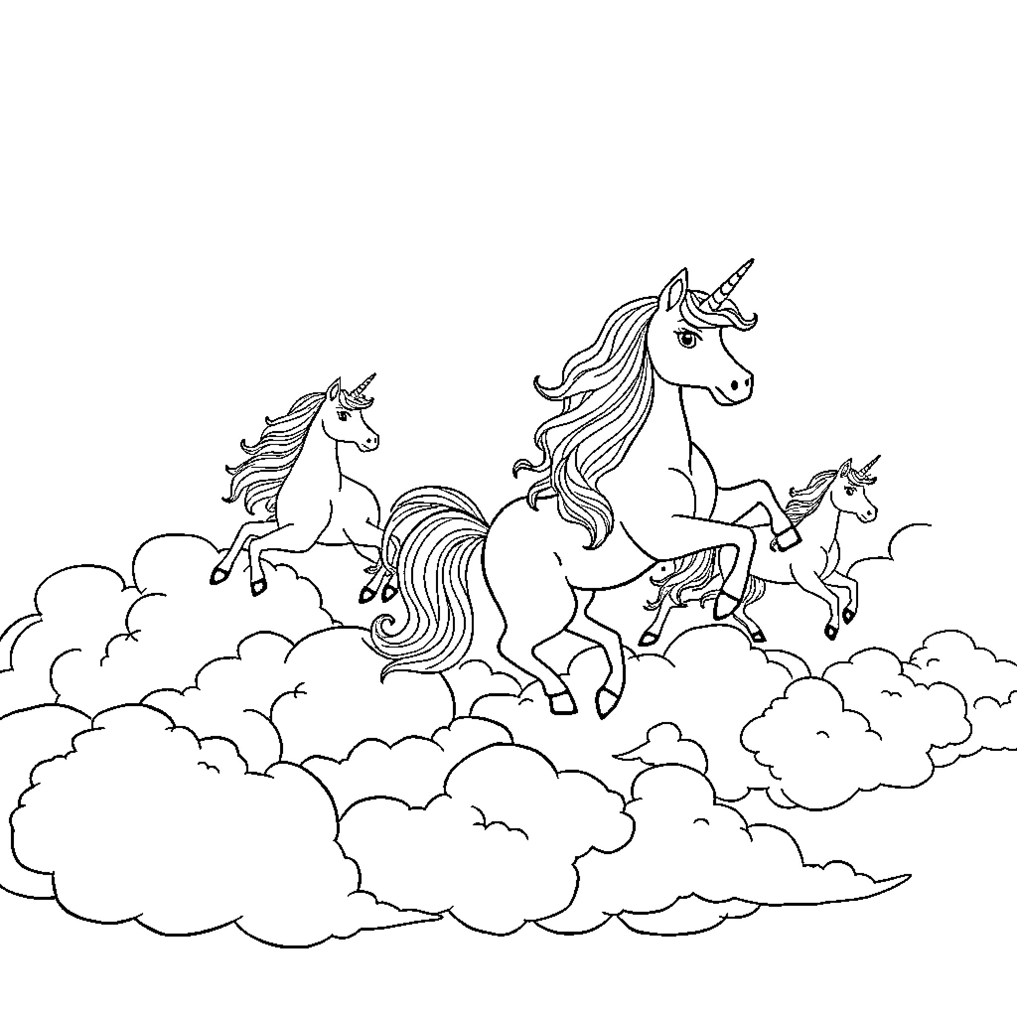Unicorn family soaring through the clouds Coloring Page (free black-and-white line drawing printable PDF for all, from beginners to advanced learners, including children, teens, adults, and seniors)