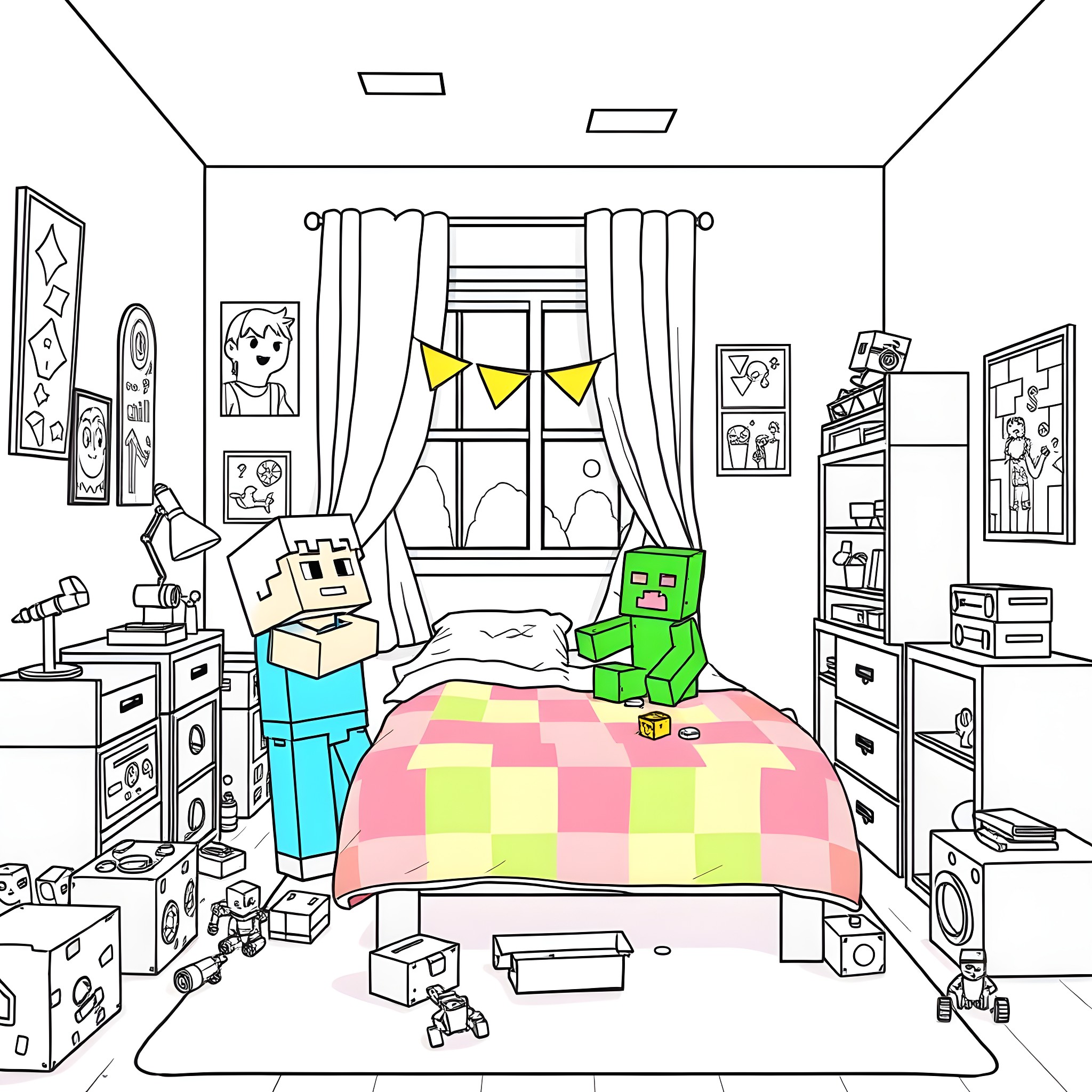 Minecraft Character playing in a colorful bedroom Coloring Page (free black-and-white line drawing printable PDF for all, from beginners to advanced learners, including children, teens, adults, and seniors)