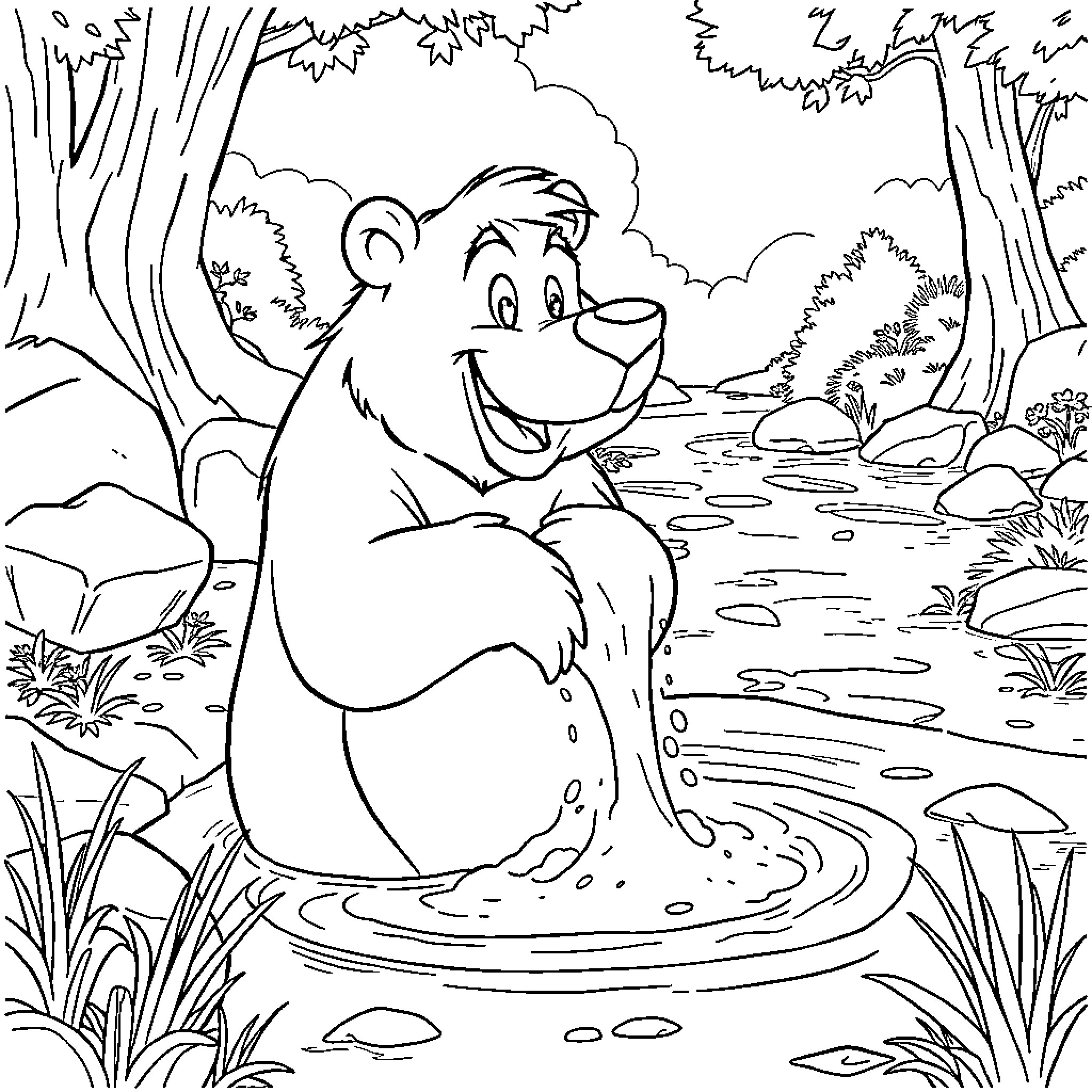 Baloo relaxing joyfully by the stream Coloring Page (free black-and-white line drawing printable PDF for all, from beginners to advanced learners, including children, teens, adults, and seniors)