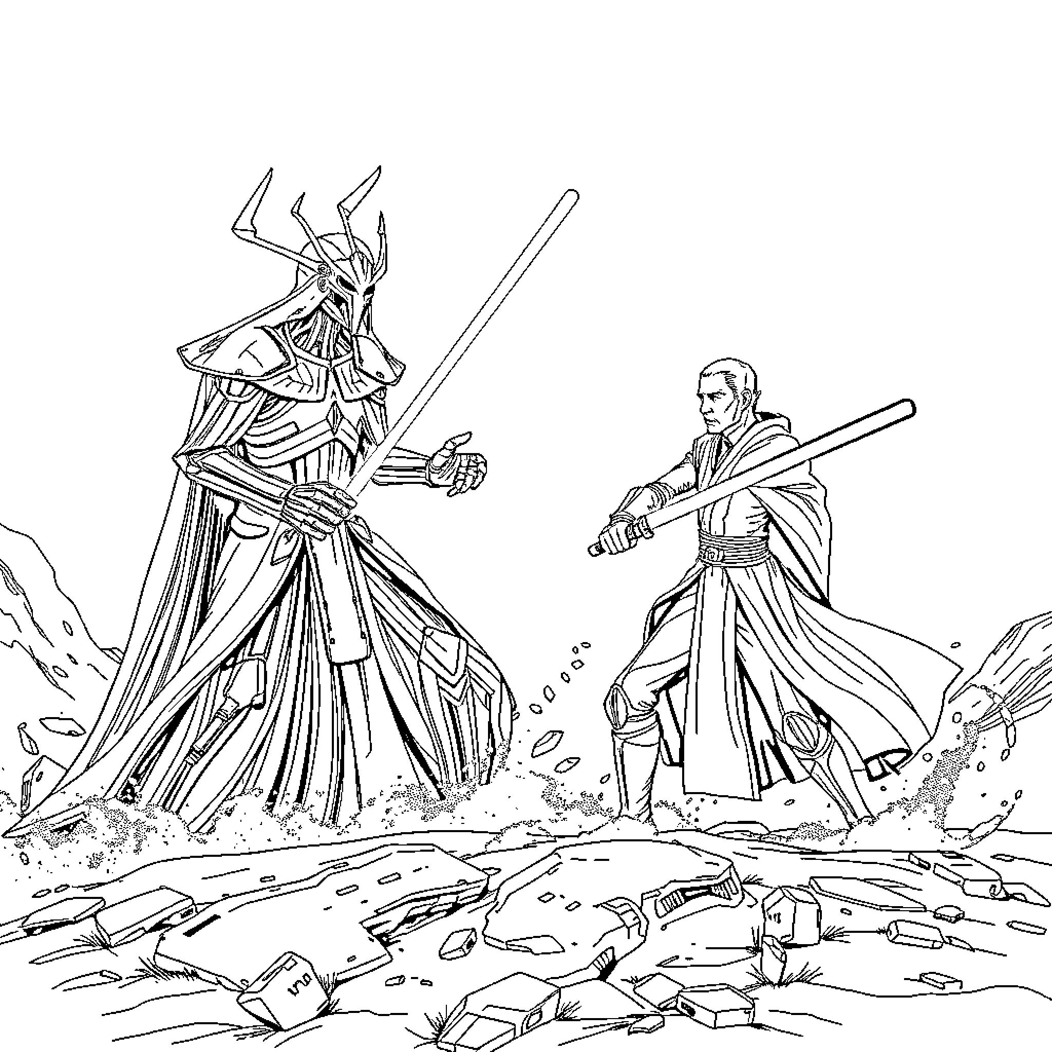General Grievous confronting a Jedi warrior in battle Coloring Page (free black-and-white line drawing printable PDF for all, from beginners to advanced learners, including children, teens, adults, and seniors)