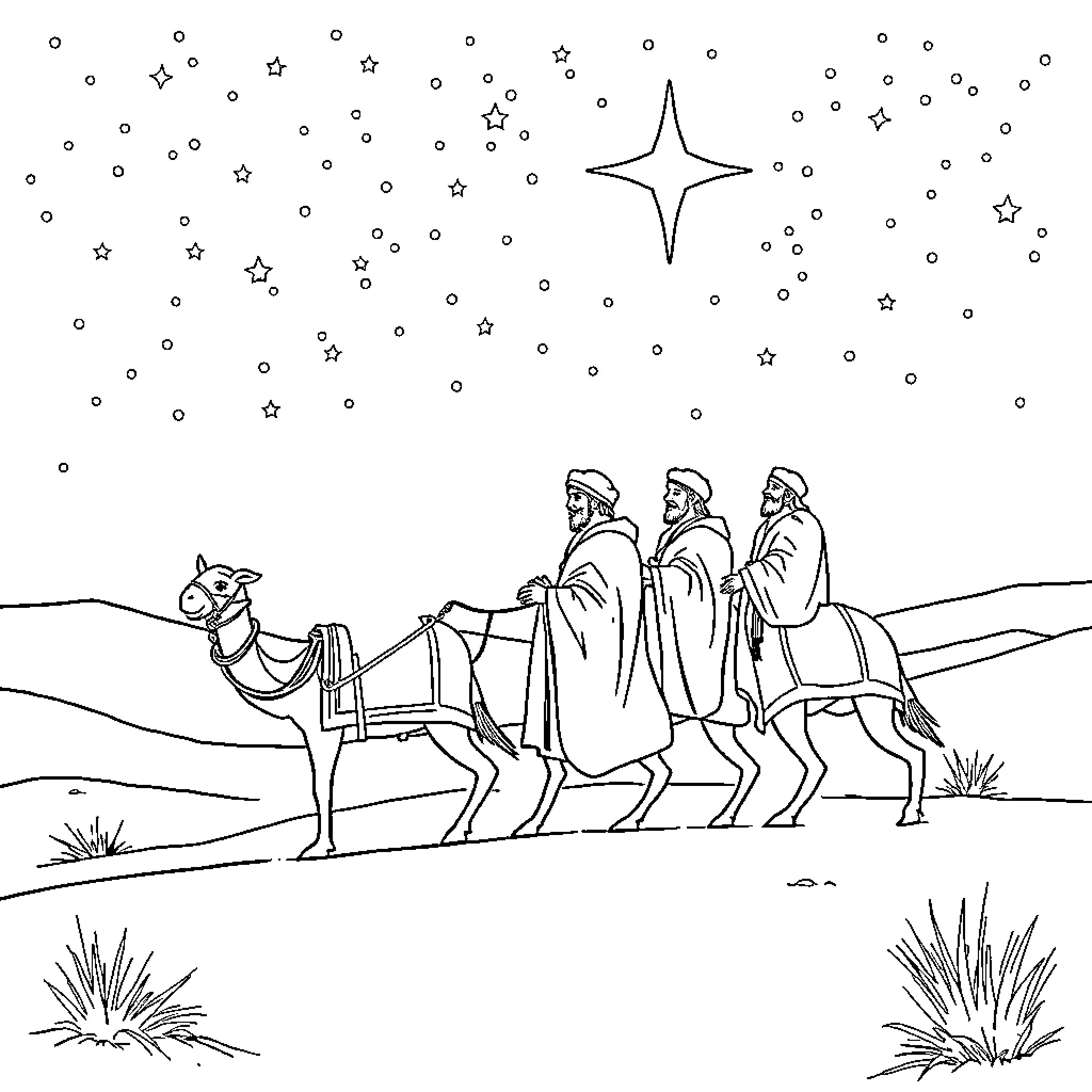 Reyes Magos traveling on camels under starry sky Coloring Page (free black-and-white line drawing printable PDF for all, from beginners to advanced learners, including children, teens, adults, and seniors)