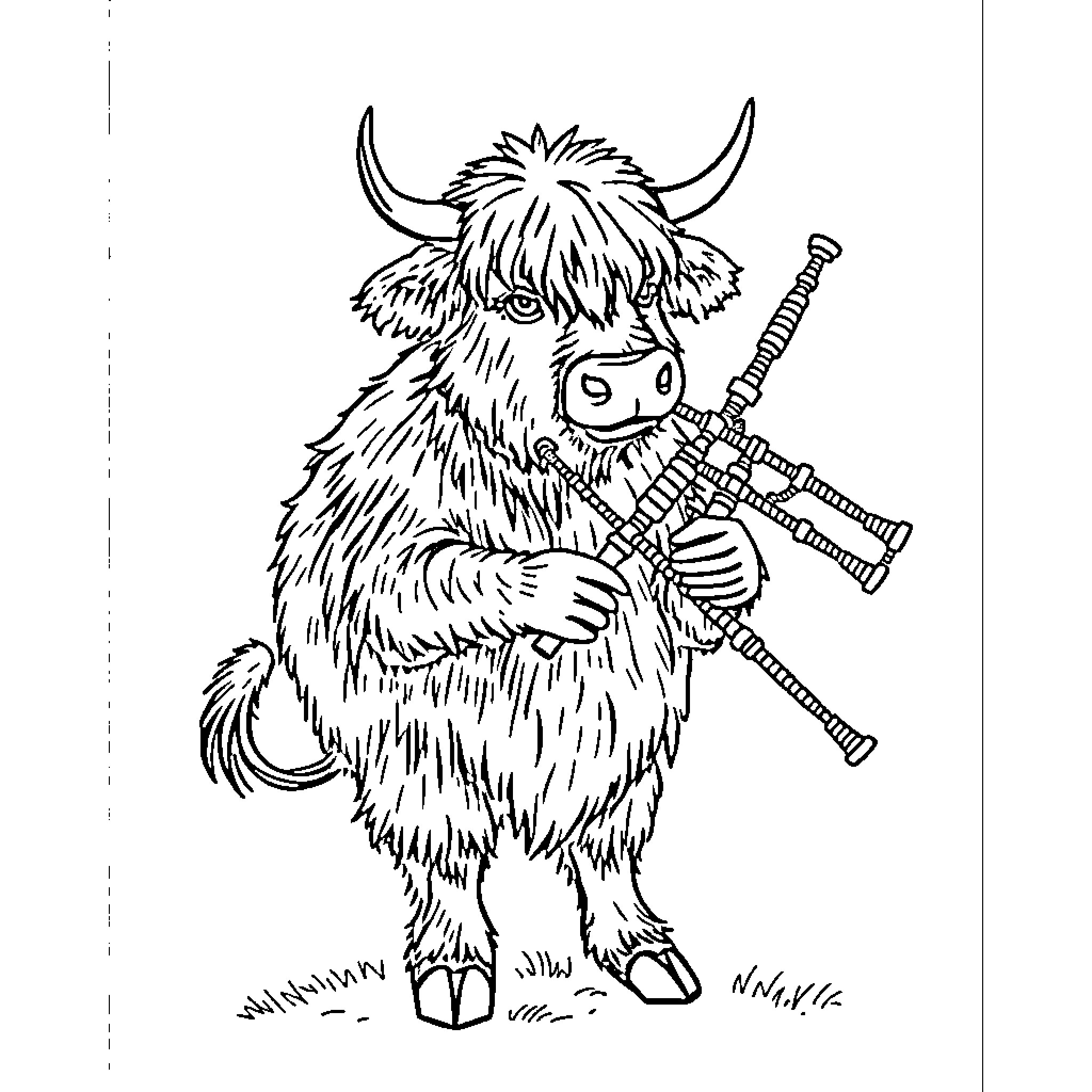 Highland Cow playing bagpipes Coloring Page (free black-and-white line drawing printable PDF for all, from beginners to advanced learners, including children, teens, adults, and seniors)