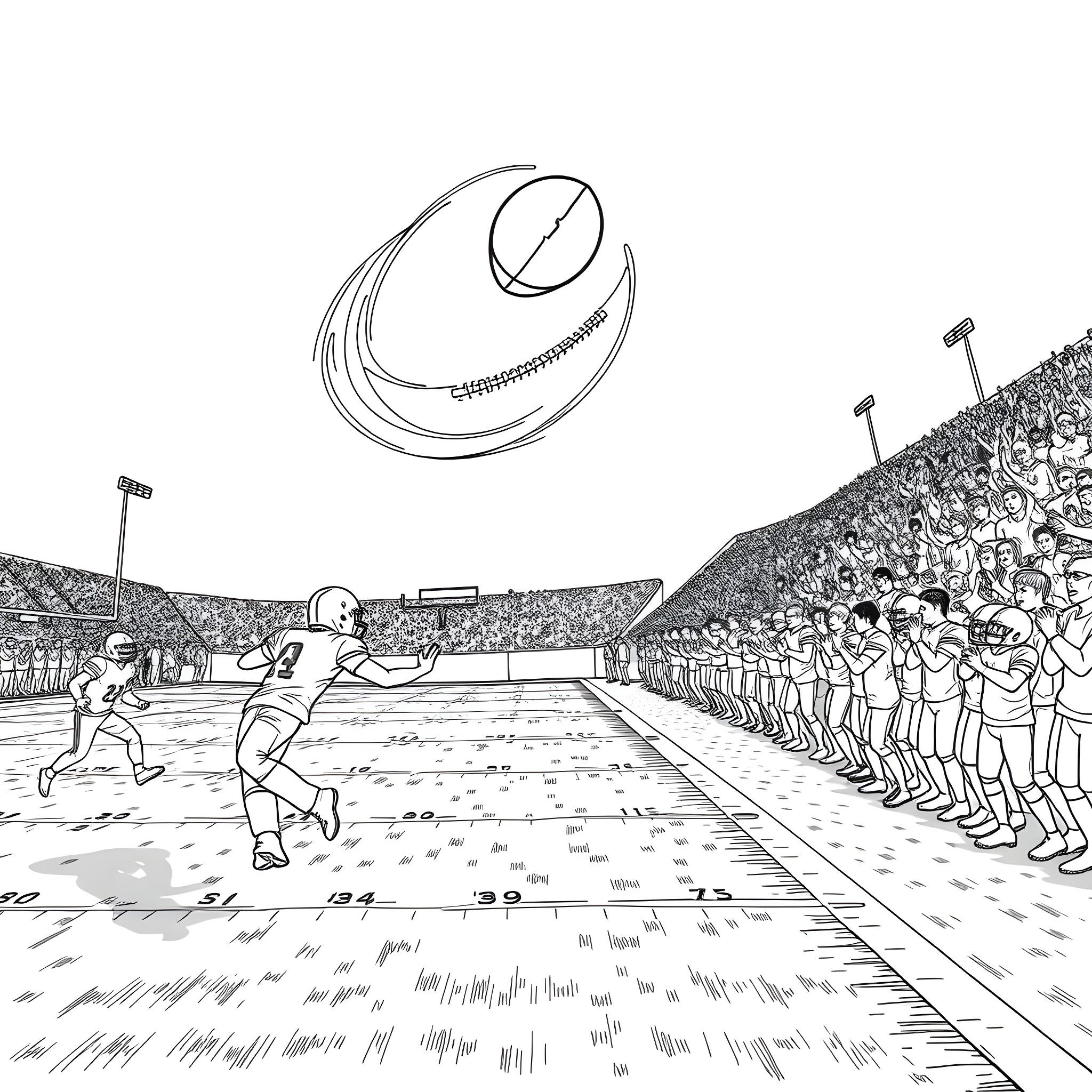 American Football Players Competing in a Stadium Coloring Page (free black-and-white line drawing printable PDF for all, from beginners to advanced learners, including children, teens, adults, and seniors)