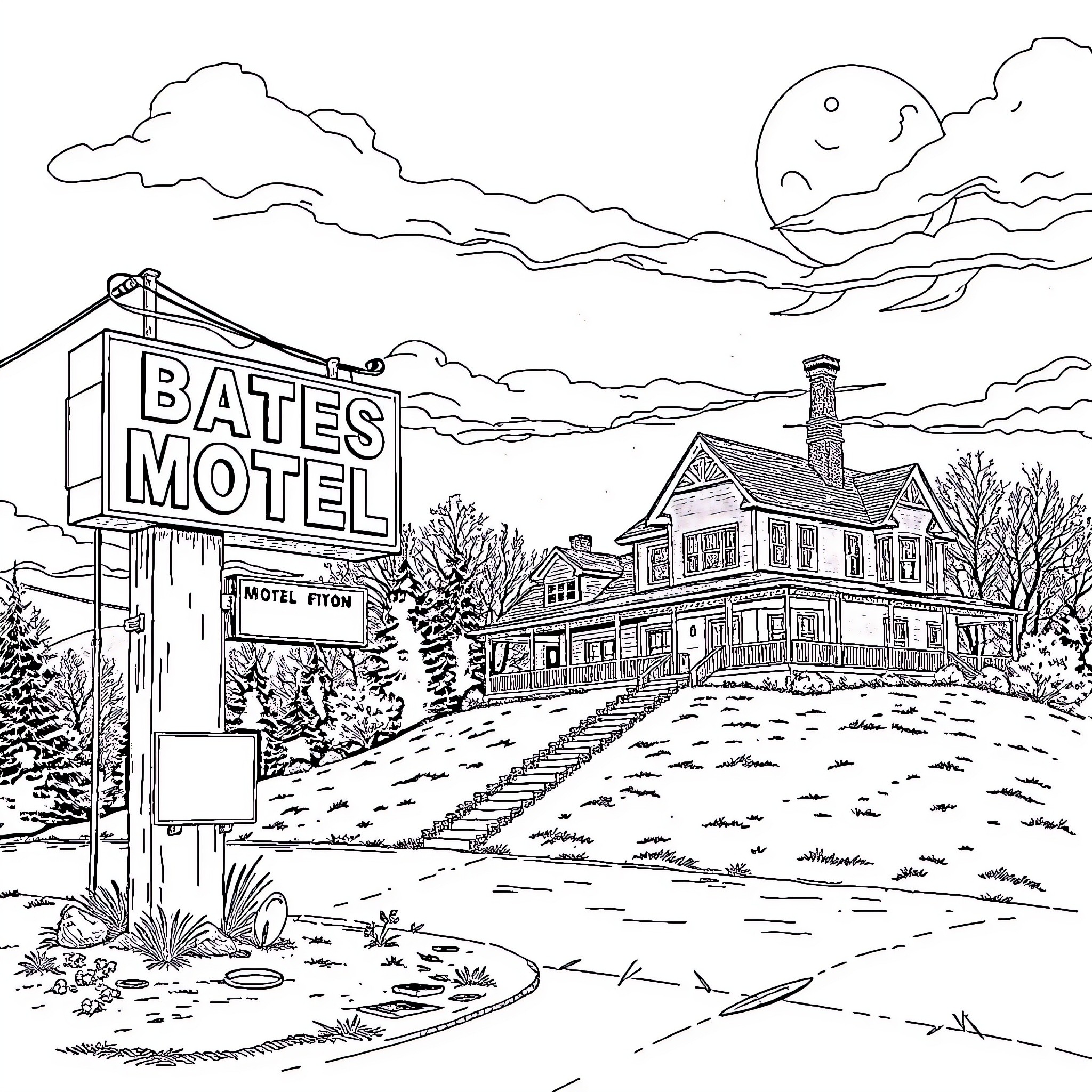 Bates Motel - Haunting Atmosphere and Ominous Structures Coloring Page (free black-and-white line drawing printable PDF for all, from beginners to advanced learners, including children, teens, adults, and seniors)