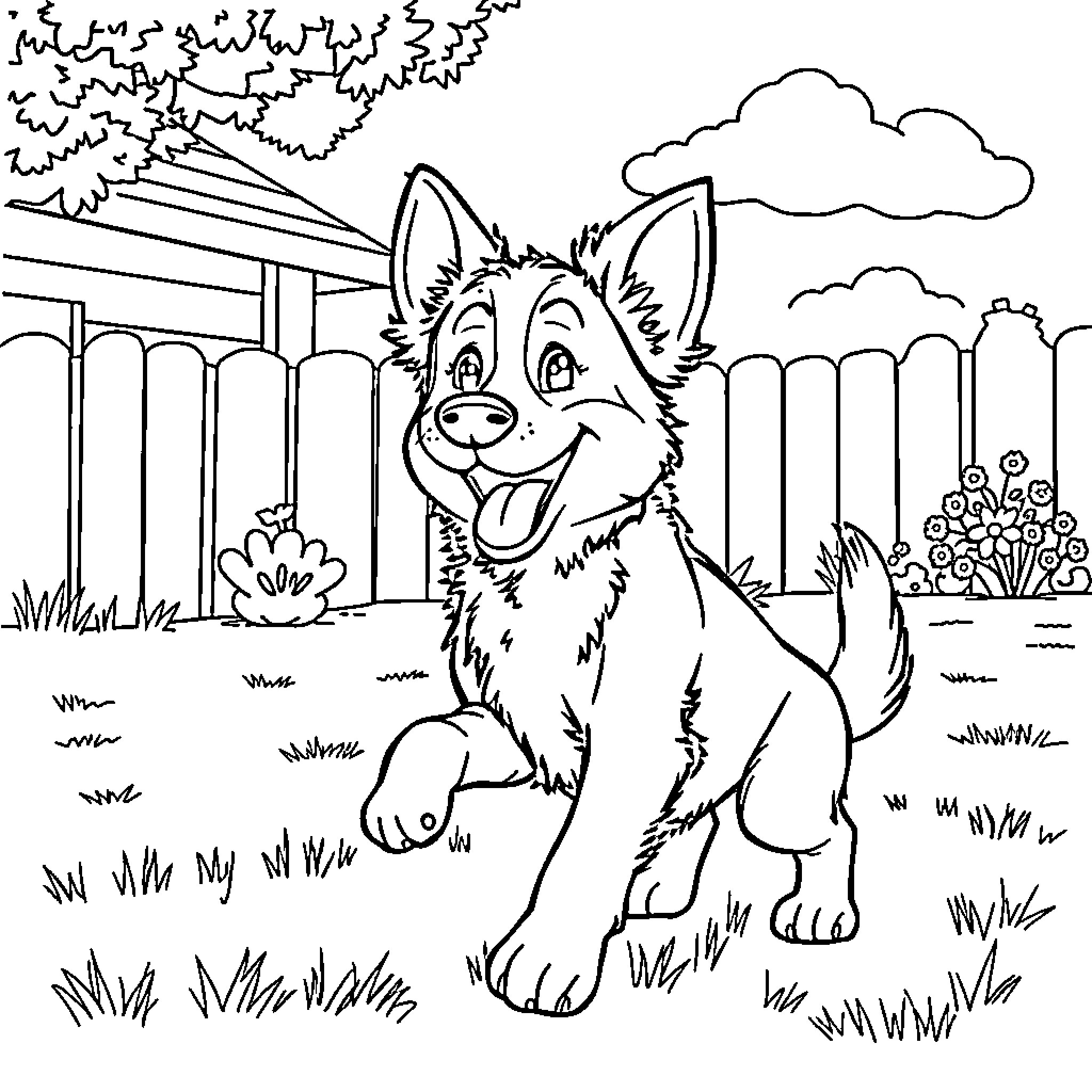 Bluey playing cheerfully in the outdoor setting Coloring Page (free black-and-white line drawing printable PDF for all, from beginners to advanced learners, including children, teens, adults, and seniors)