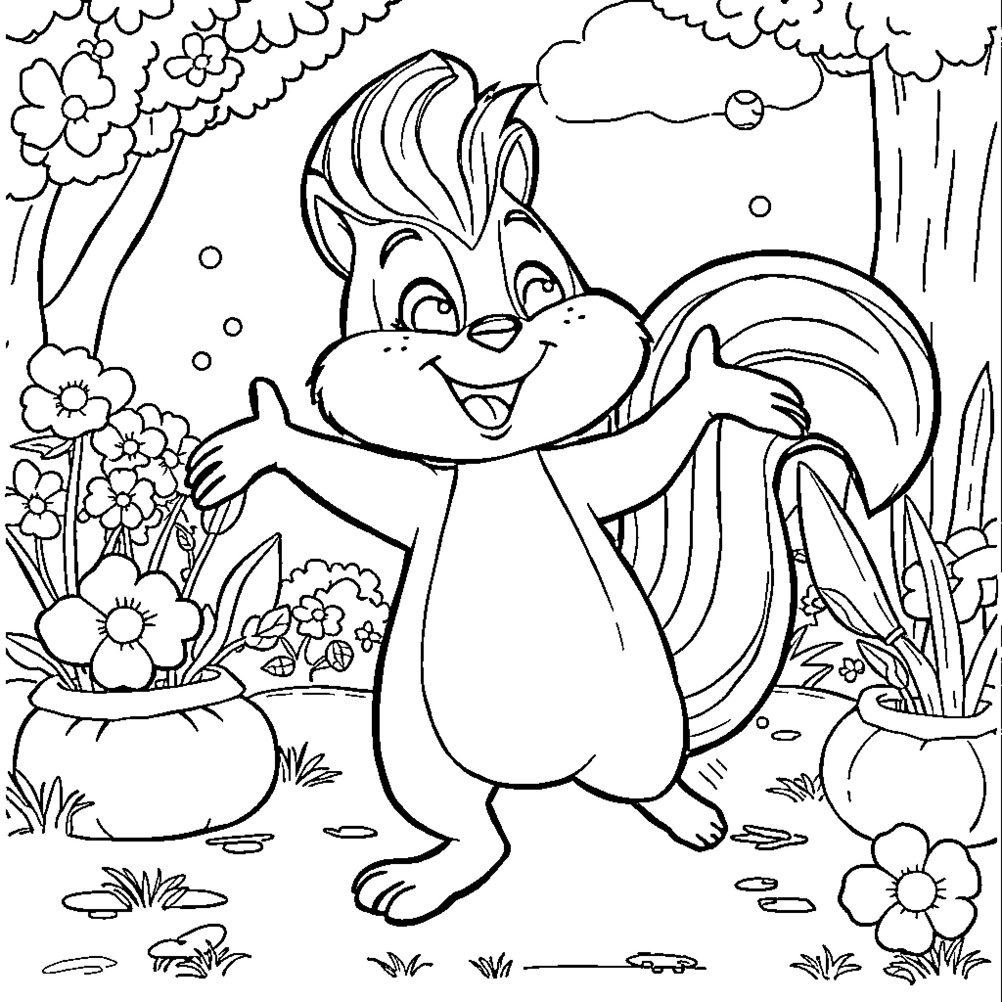 Sprunki's Floral Garden Adventure Coloring Page (free black-and-white line drawing printable PDF for all, from beginners to advanced learners, including children, teens, adults, and seniors)