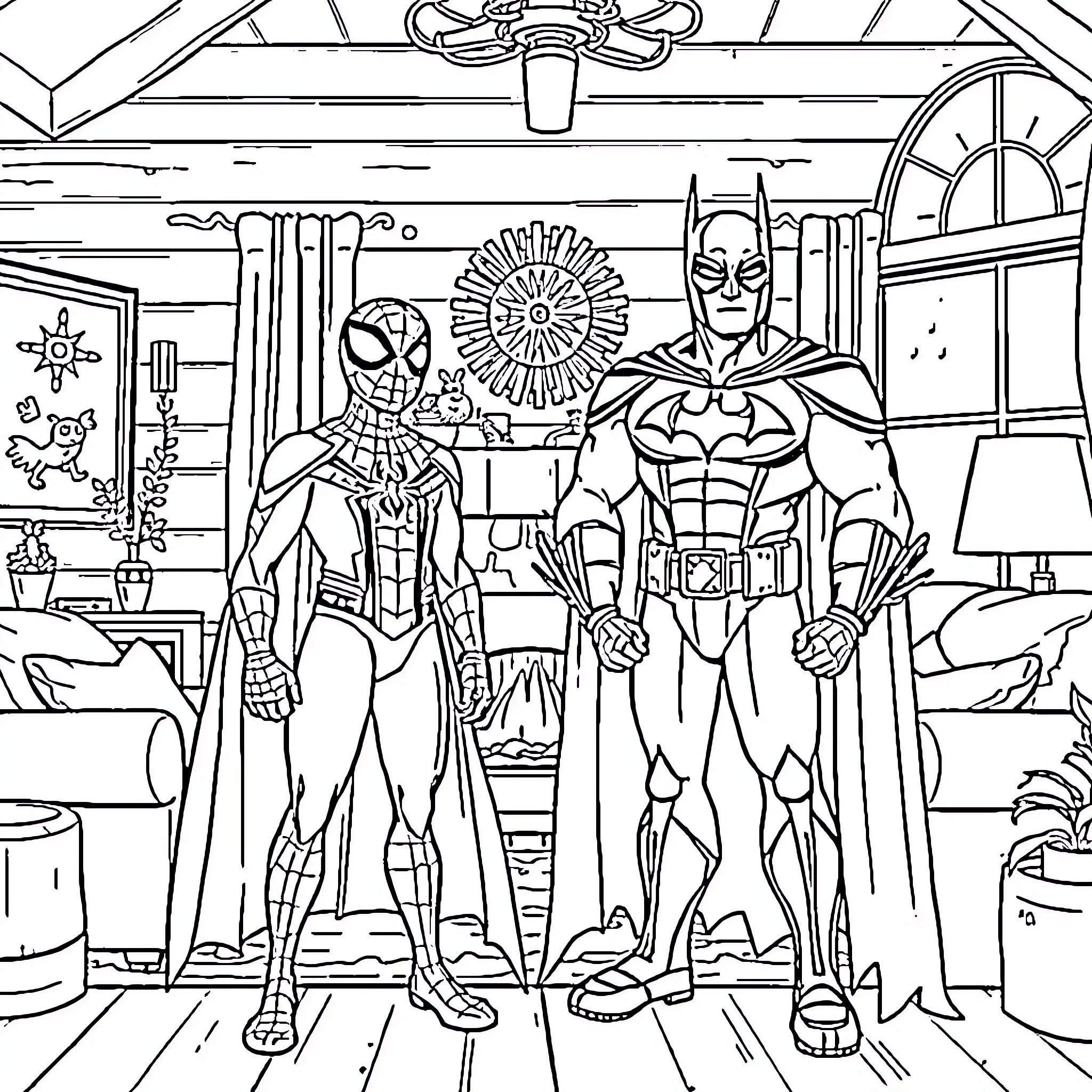 Spiderman and Batman stand together in a colorful room Coloring Page (free black-and-white line drawing printable PDF for all, from beginners to advanced learners, including children, teens, adults, and seniors)